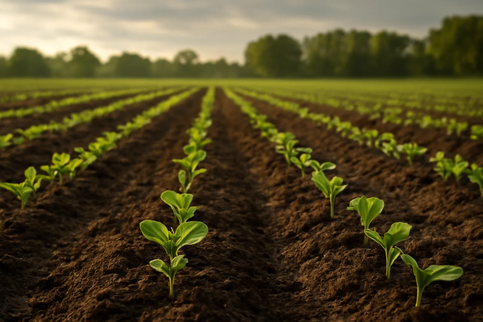Young soybean seedlings emerging in a food plot field at sunrise