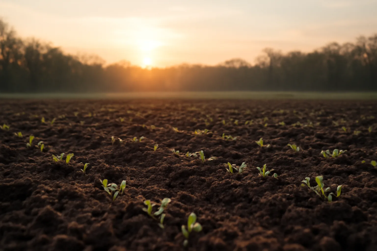 Freshly tilled spring food plot field at sunrise with young clover sprouts
