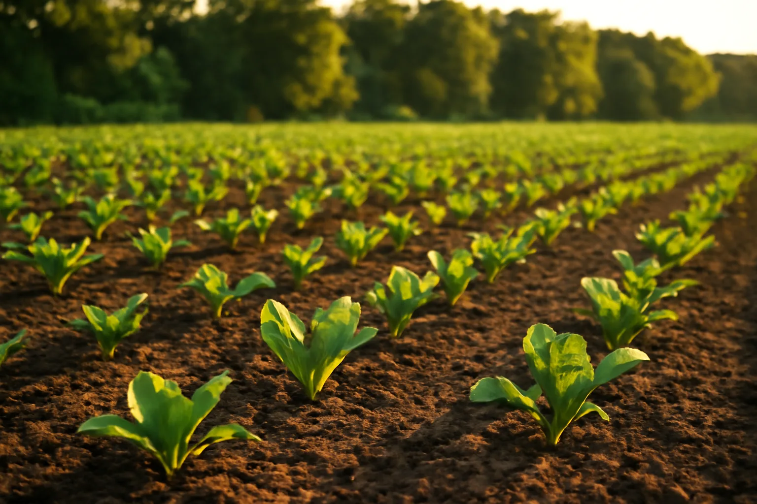Rows of young sugar beet plants growing in a tilled deer food plot field
