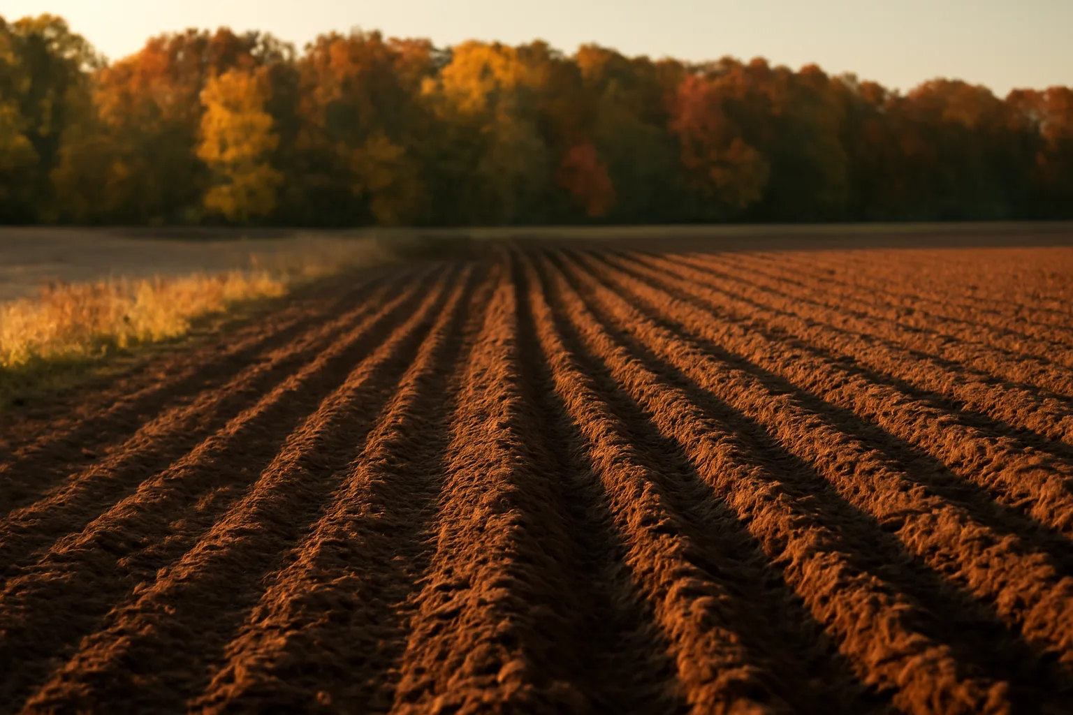 Freshly planted winter food plot field at golden hour with tree line