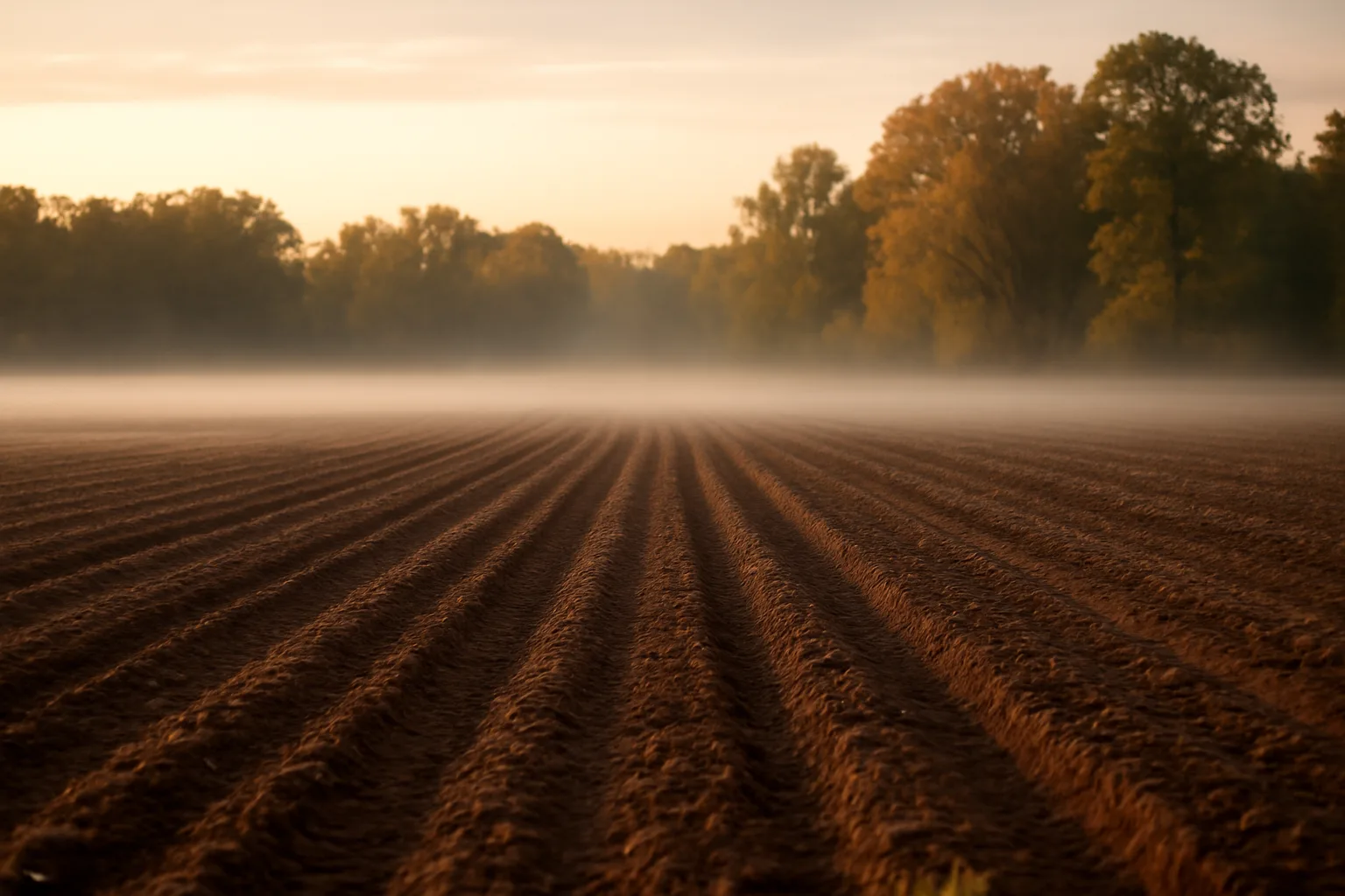 Freshly disked food plot field at dusk before winter planting season