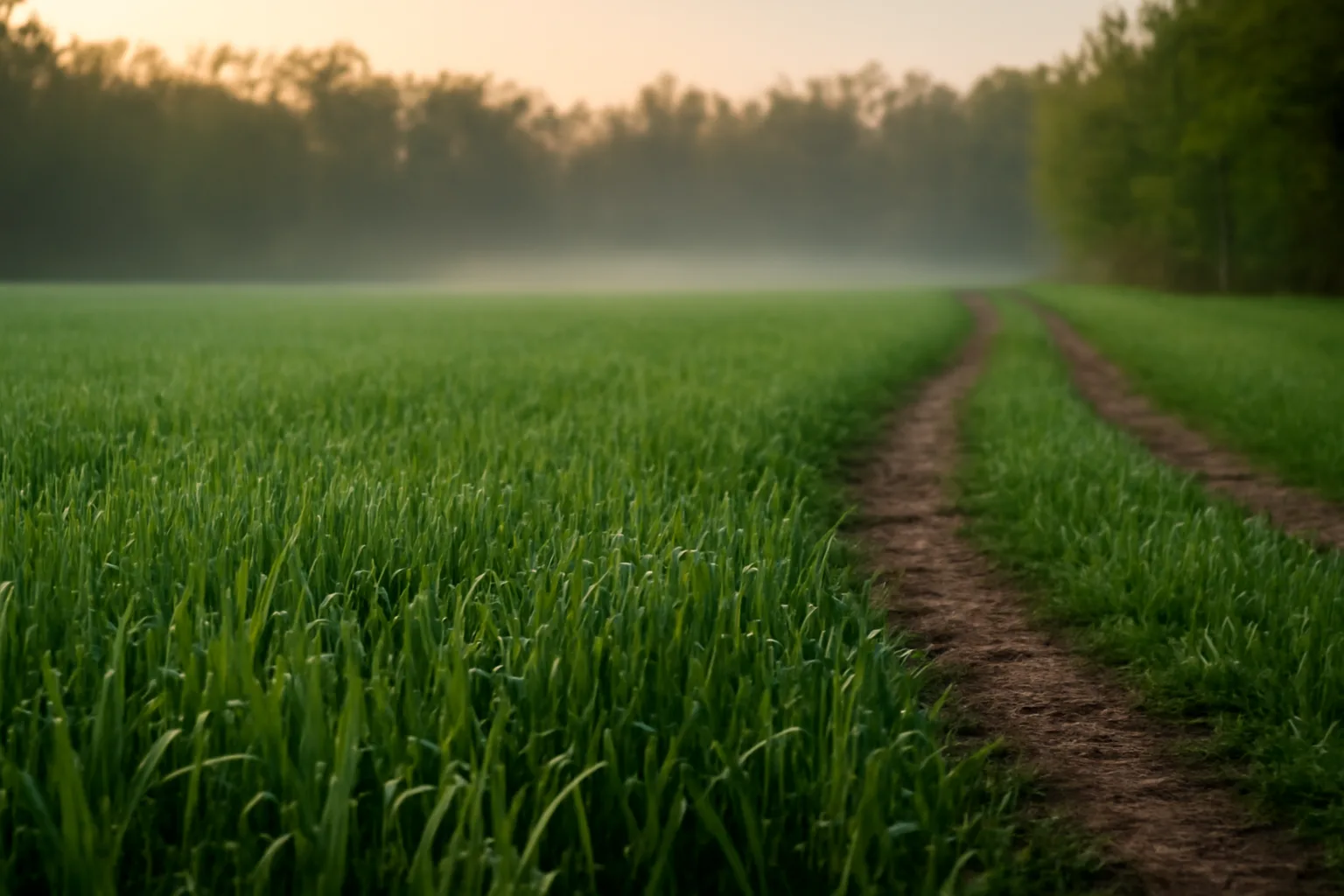 Young winter rye food plot growing at dawn near a wooded field edge
