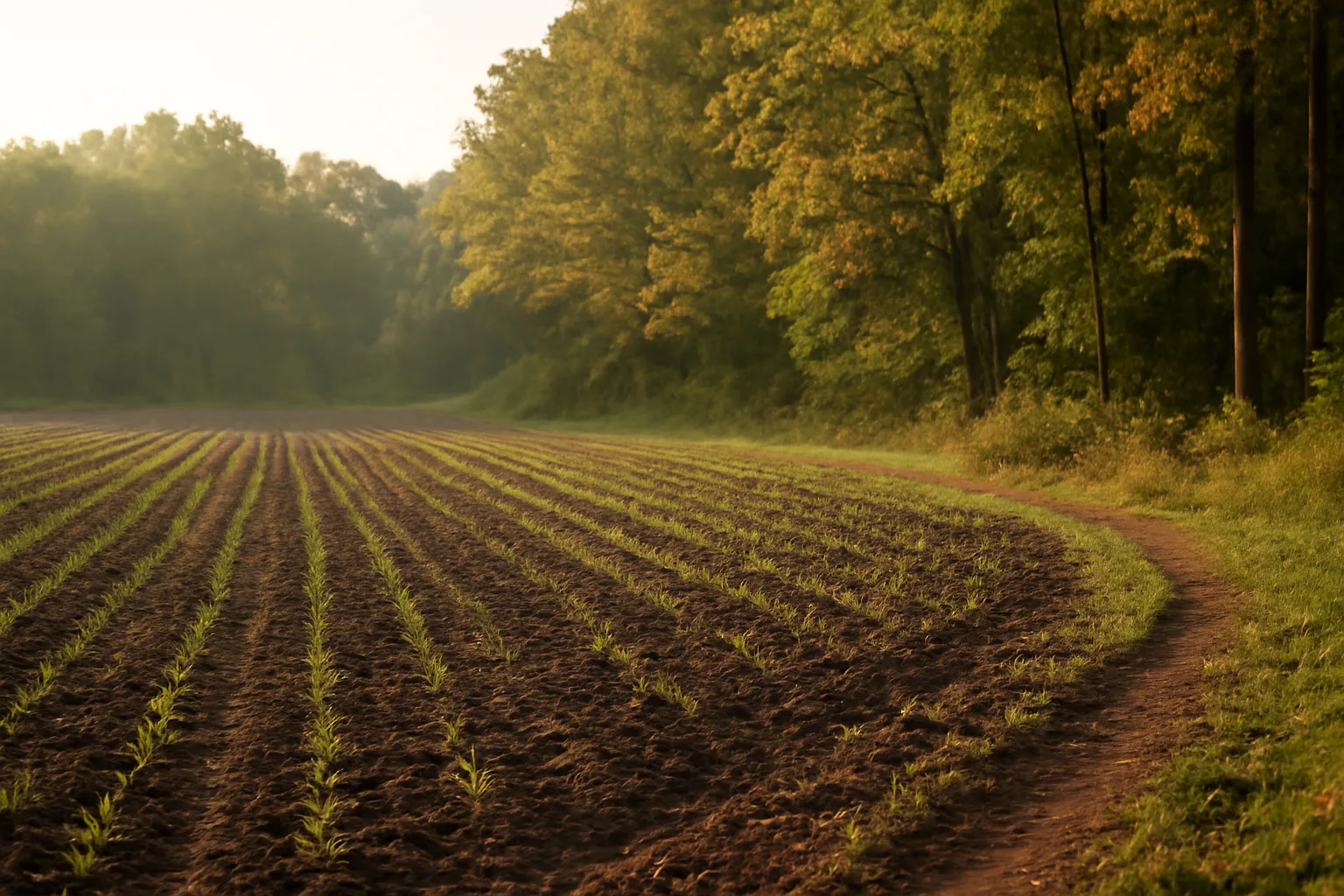 Freshly planted winter wheat food plot rows bordered by autumn hardwoods at dusk
