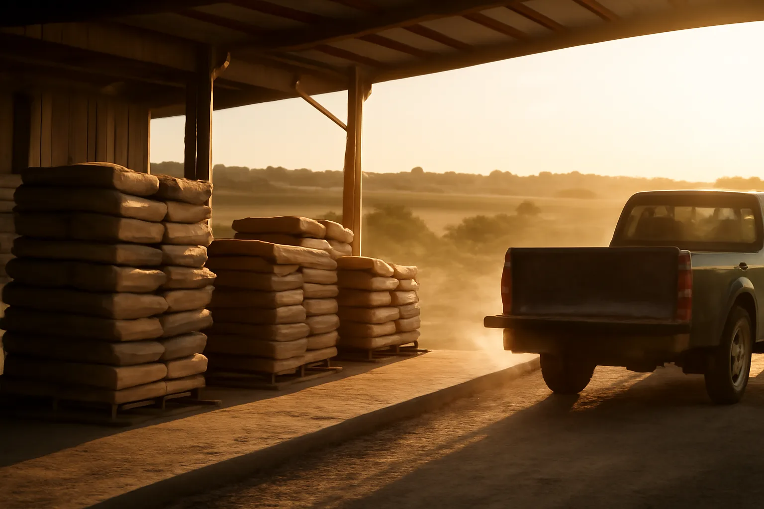 Farm co-op loading dock with stacked seed bags at golden hour