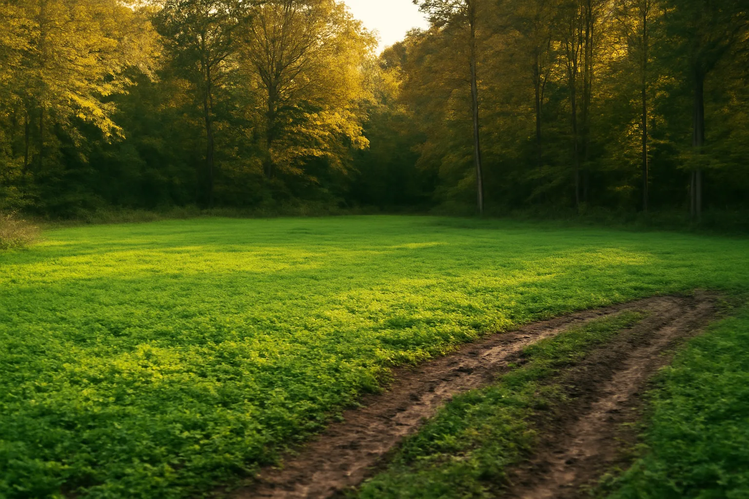 Sunlit clover food plot clearing surrounded by hardwood trees at forest edge