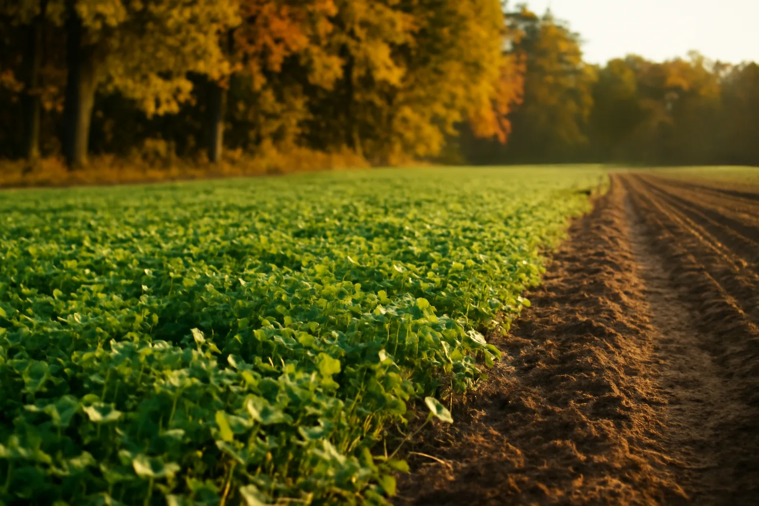 Green white clover food plot bordering a hardwood tree line in fall light