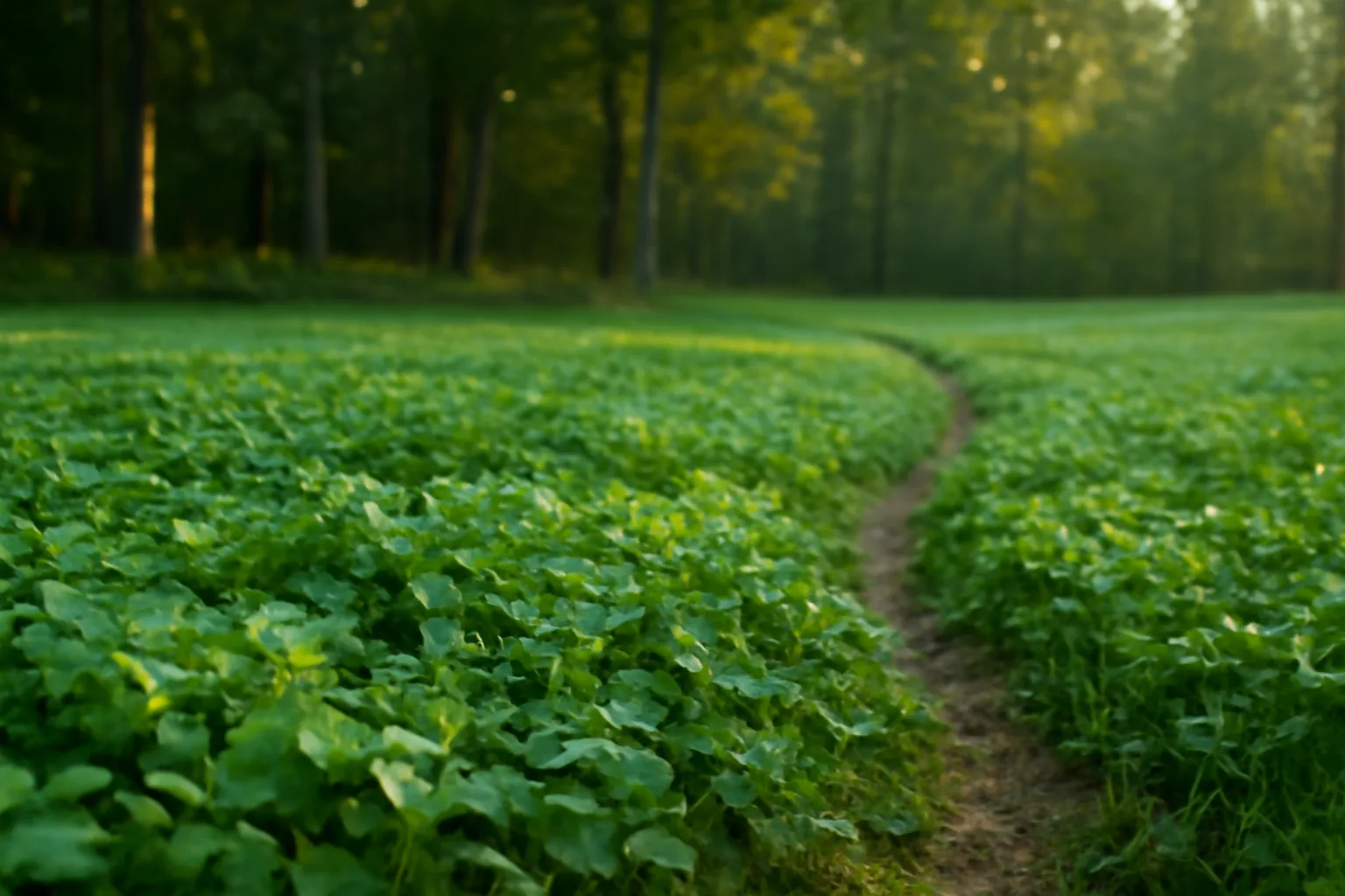 Dew-covered white clover food plot bordered by autumn hardwoods at sunrise