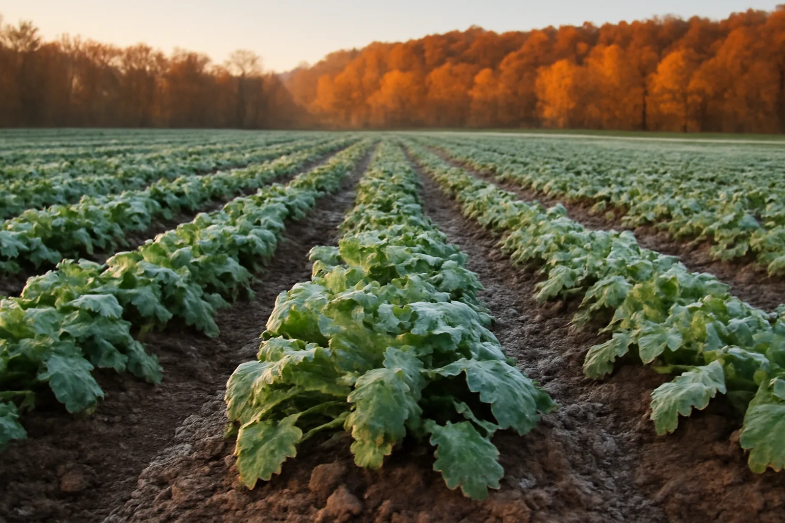 Frost-covered turnip and radish food plot rows in late autumn light