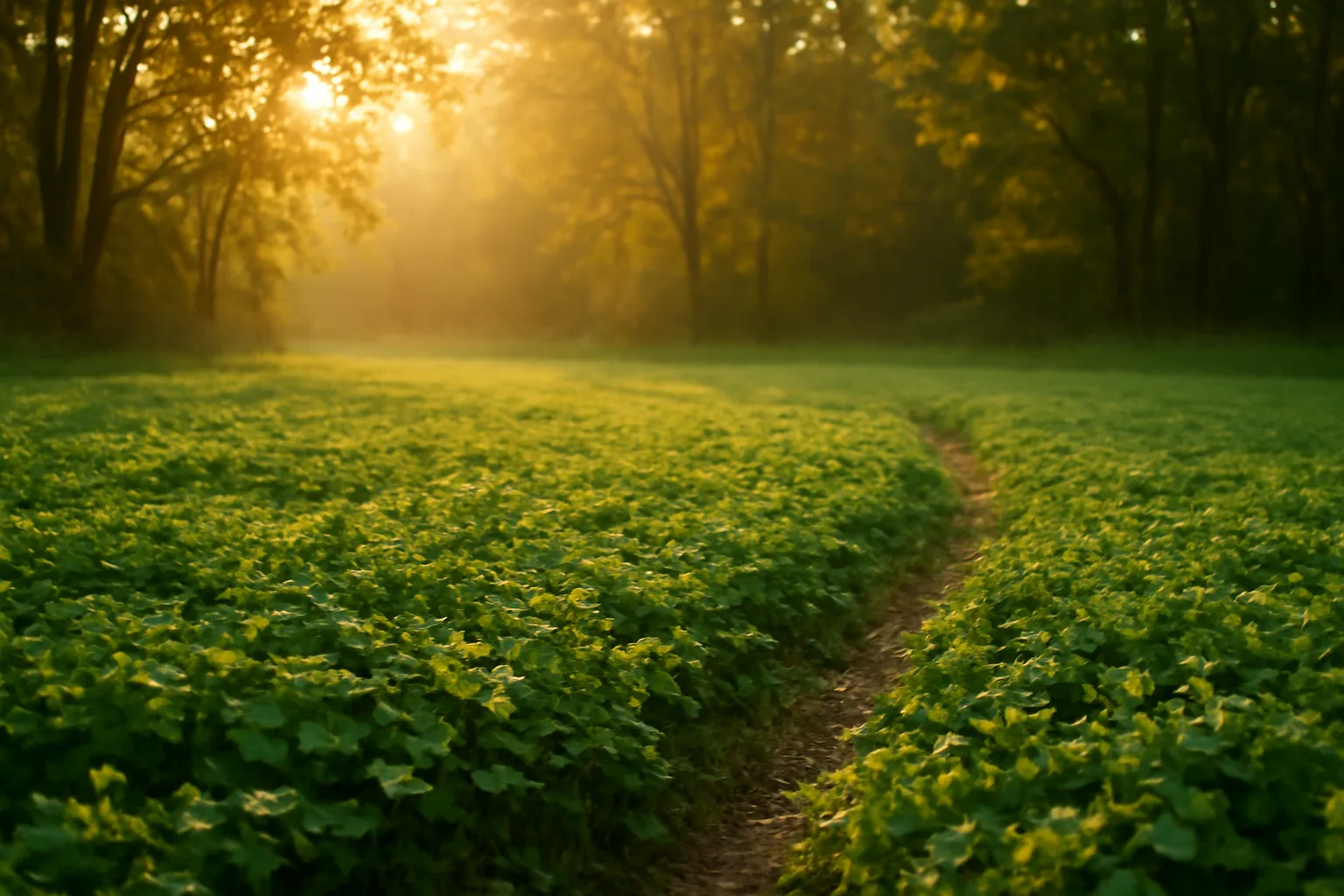 Dawn light over a clover food plot bordered by hardwood forest with a visible deer trail
