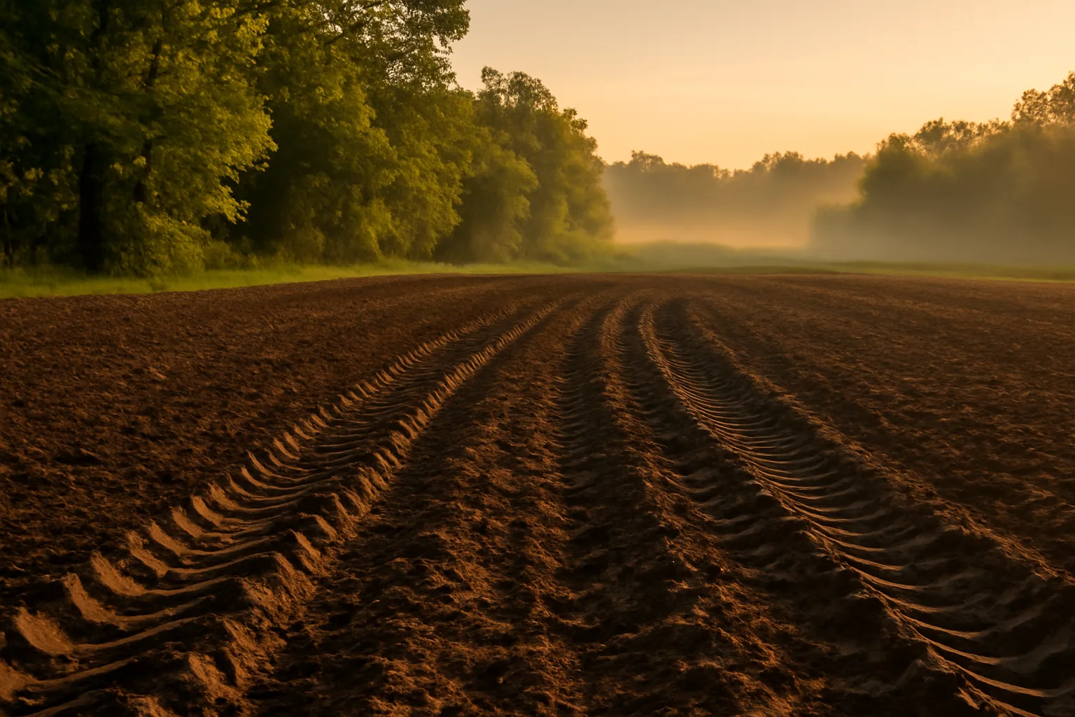 Freshly tilled whitetail deer food plot bordered by hardwood trees at sunset