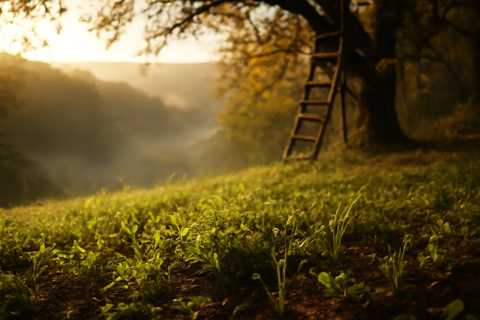 Small food plot on a wooded hillside bench at dusk with a treestand above it