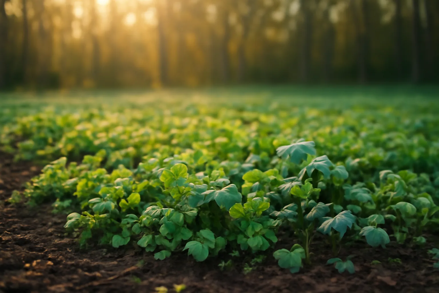 small no-till food plot clearing with clover and brassica shoots in frosty morning light