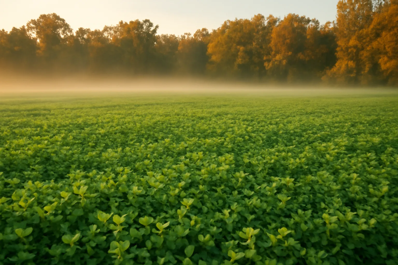 Green clover food plot bordered by autumn hardwoods at sunrise