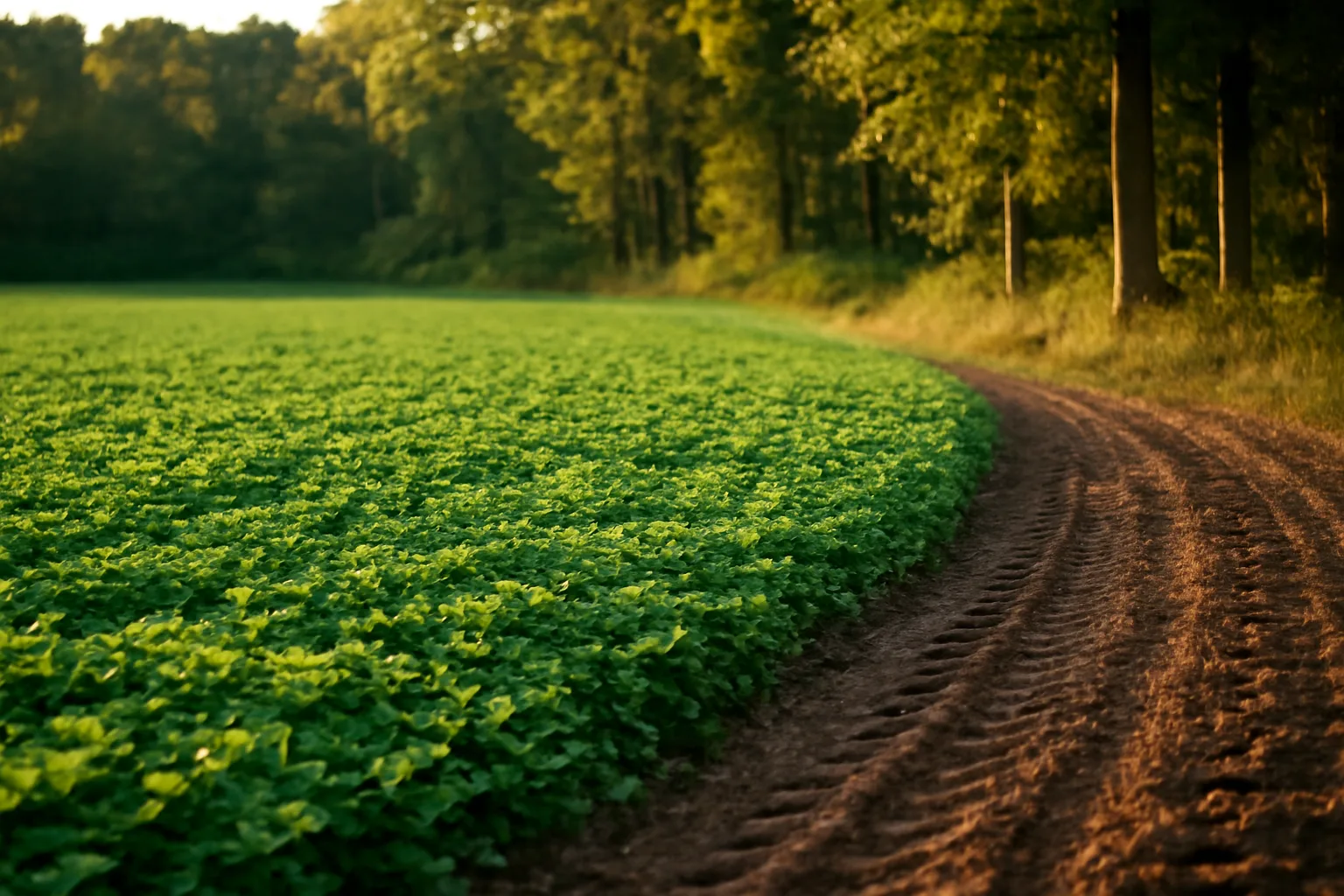Green clover food plot bordered by autumn hardwoods in late afternoon light