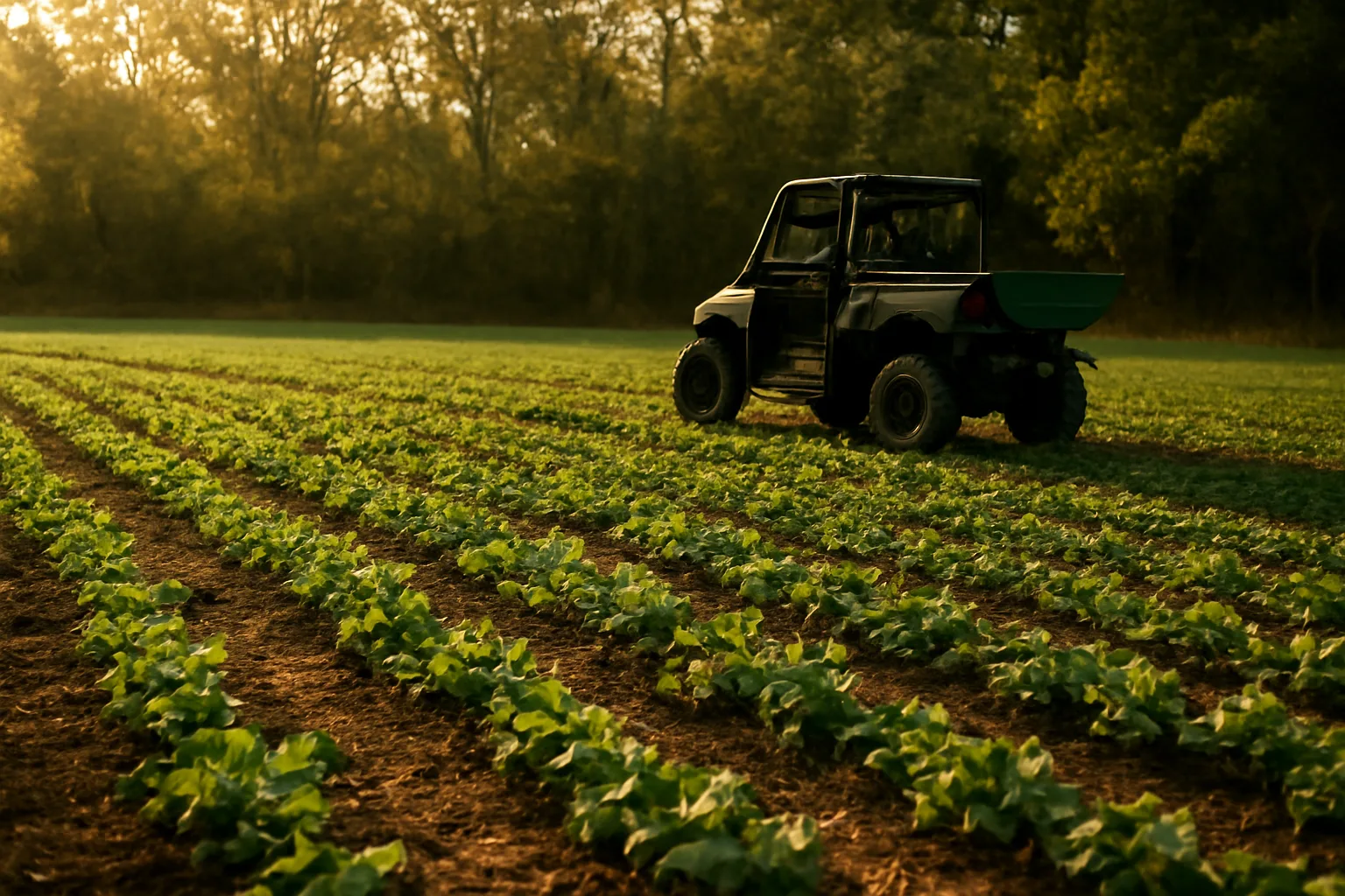 Food plot field with clover and turnip greens beside a tree line at dusk
