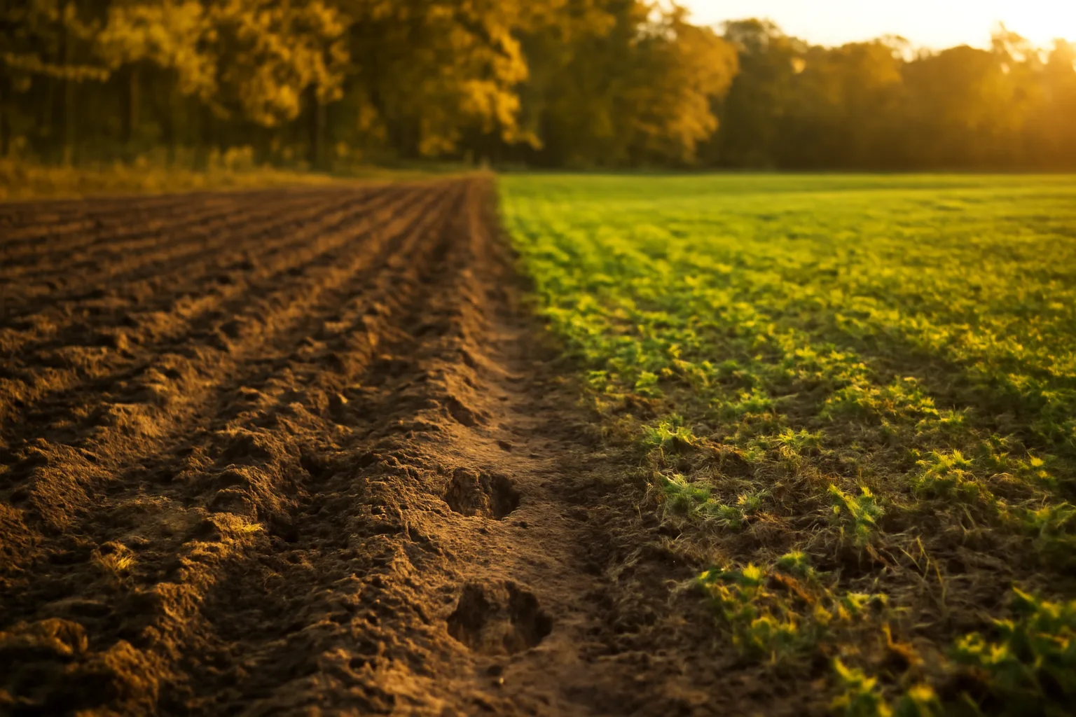 Food plot field with tilled soil and young clover growth at dusk