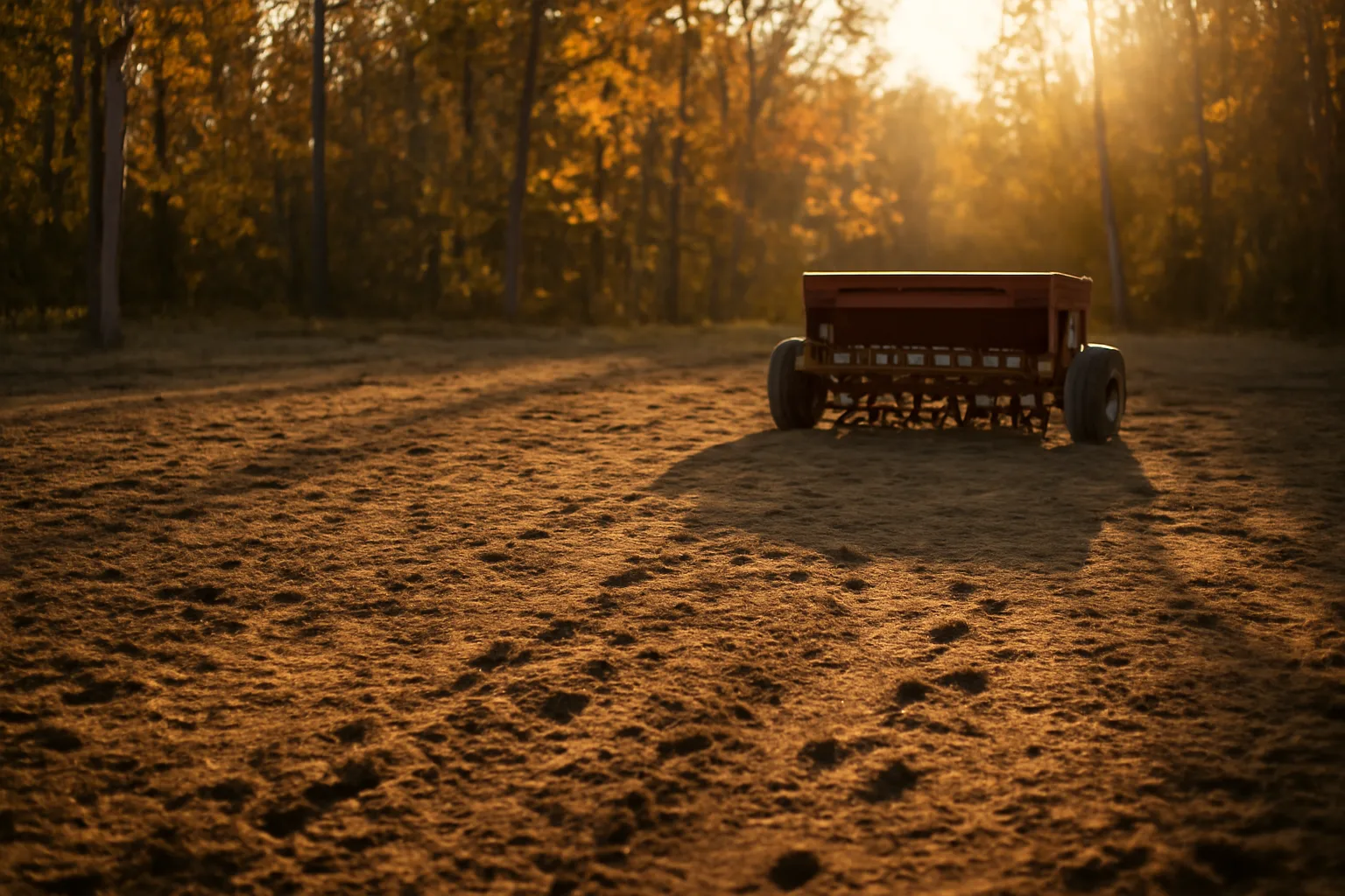 Freshly tilled wildlife food plot clearing in autumn woods with visible deer tracks