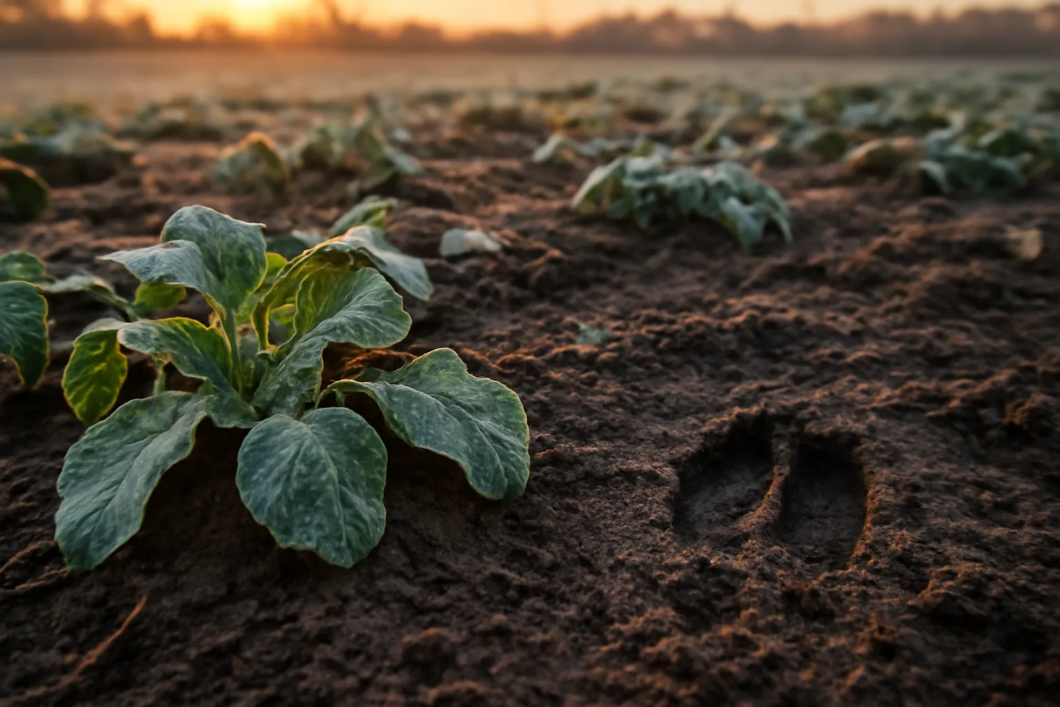 Frosted radish food plot at sunrise showing bulbs dug up by deer