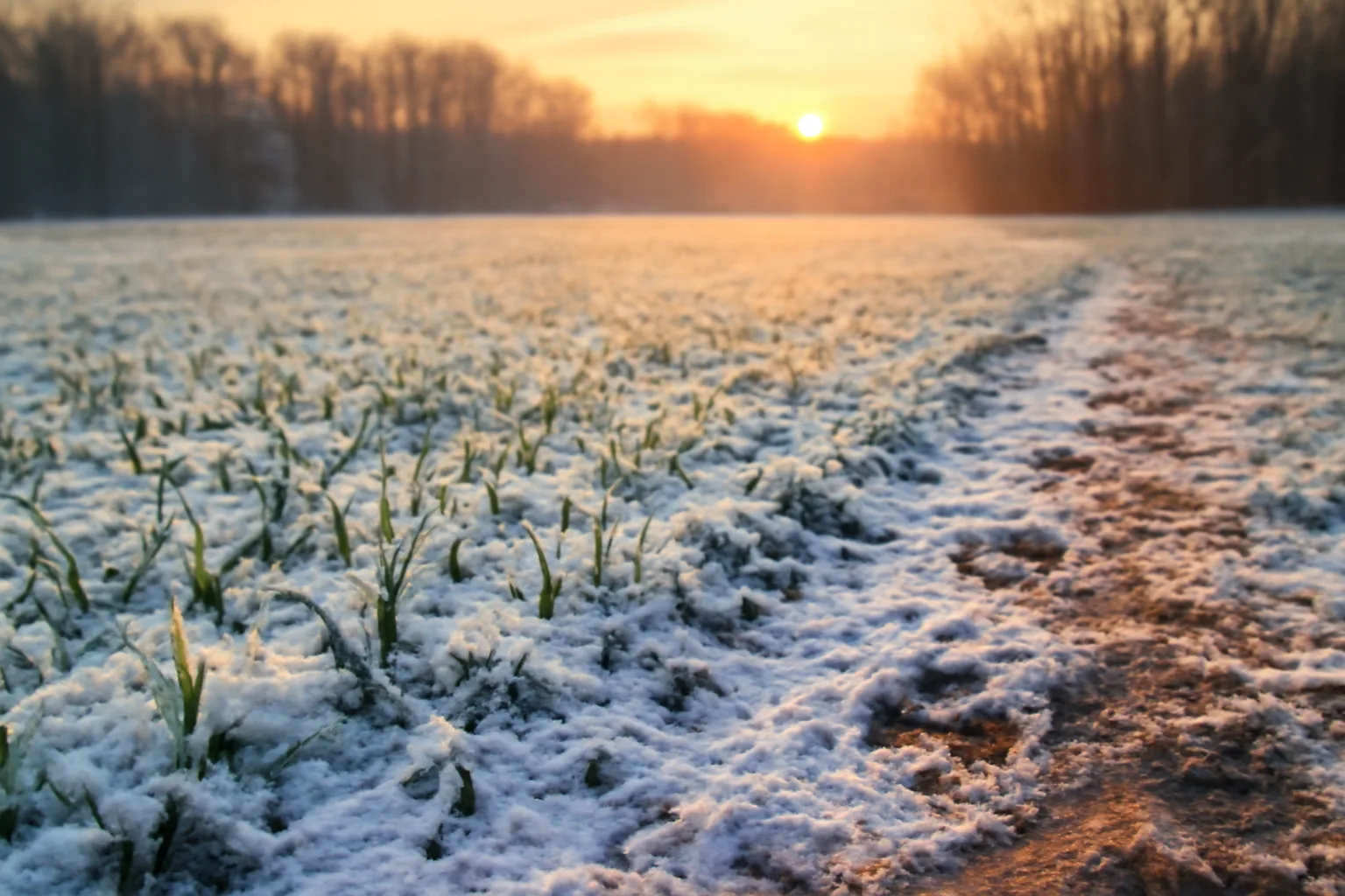 Winter wheat food plot seedlings emerging through frost at sunrise near a tree line