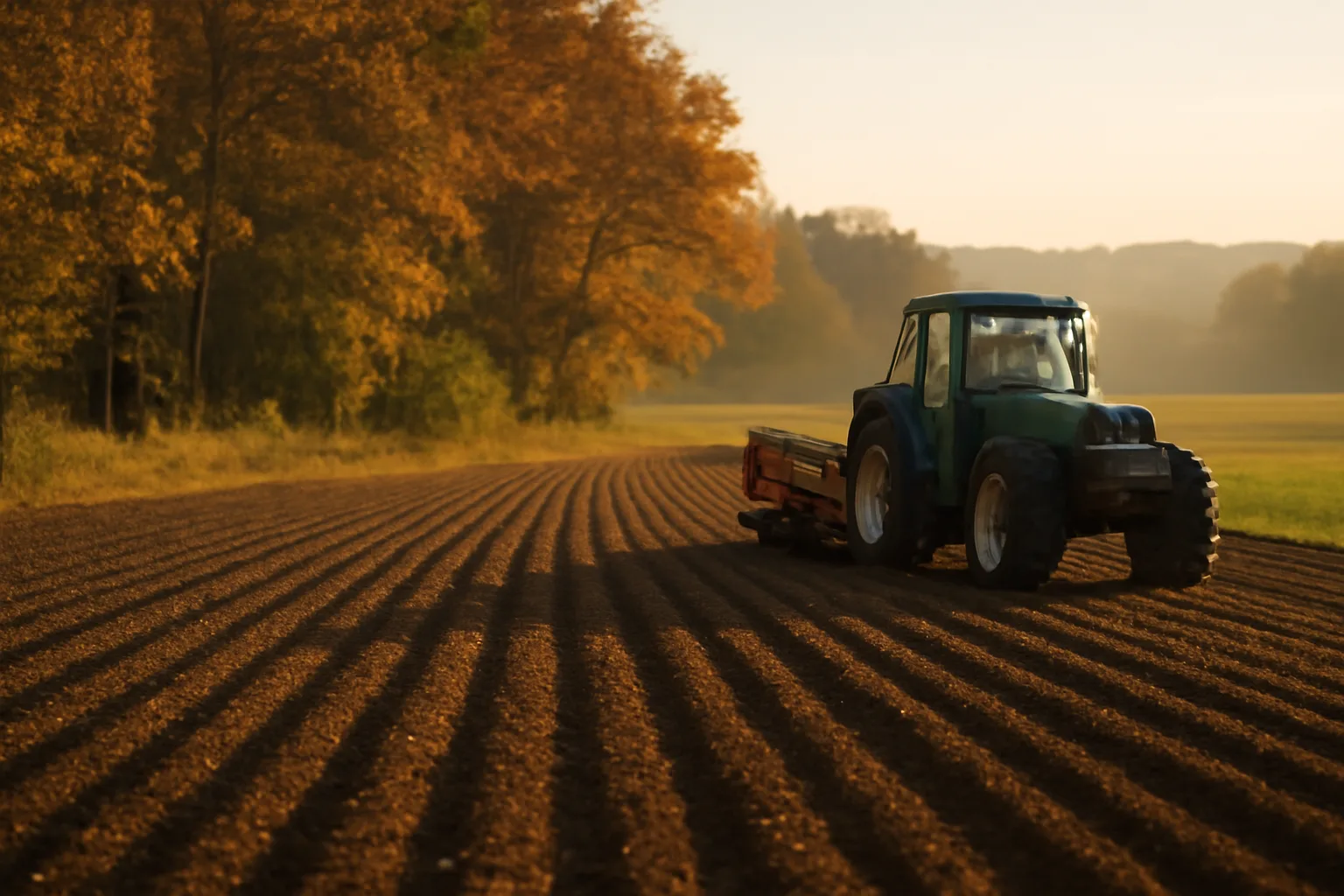 Freshly planted winter wheat food plot at field edge near hardwoods in fall light