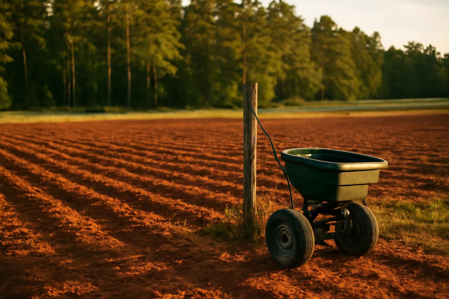 Freshly tilled Alabama deer food plot field bordered by pine trees at dusk