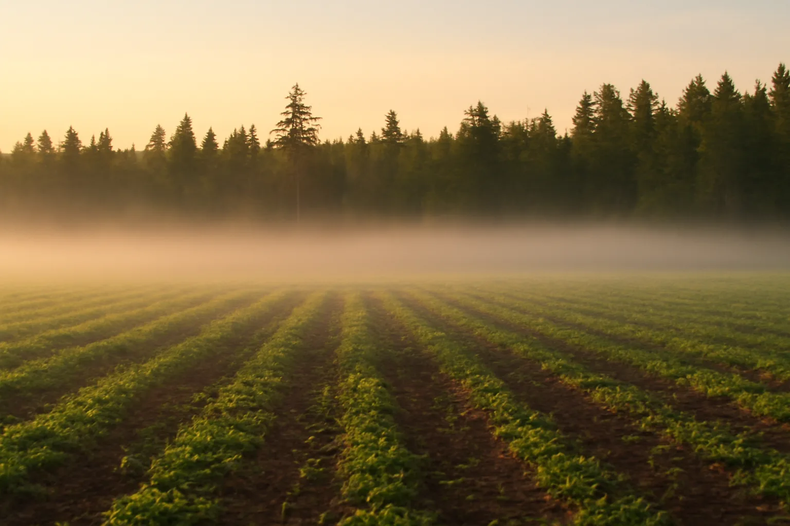 Food plot field with young clover growth bordered by Maine spruce forest at dawn