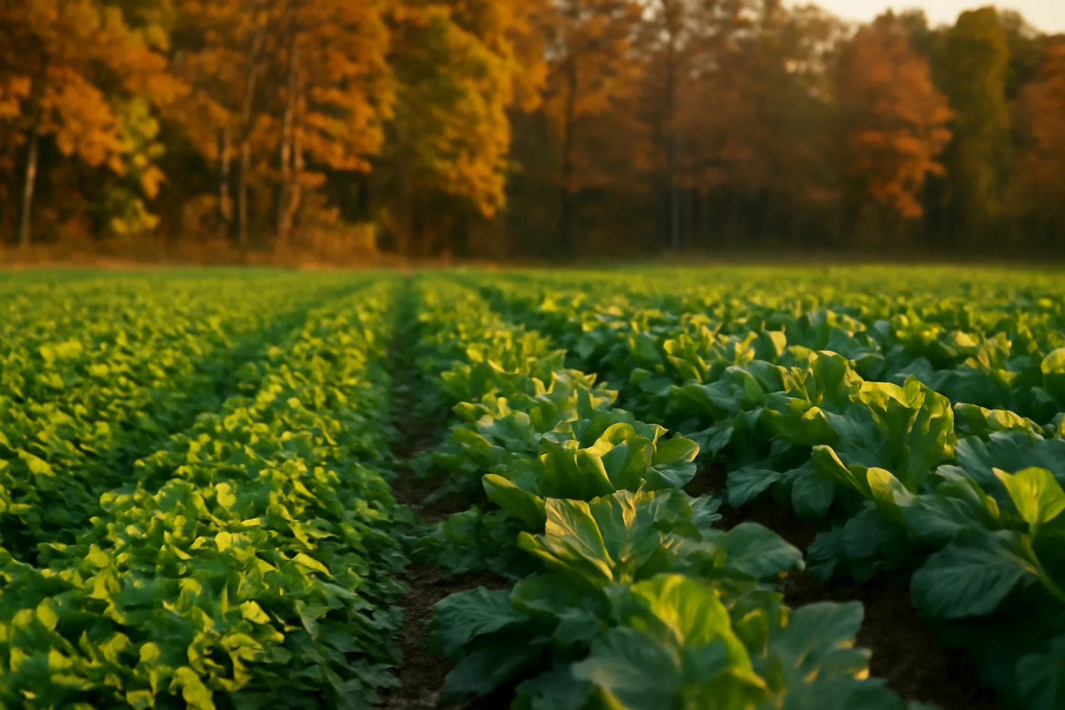Michigan food plot of clover and turnips bordered by hardwoods at sunset