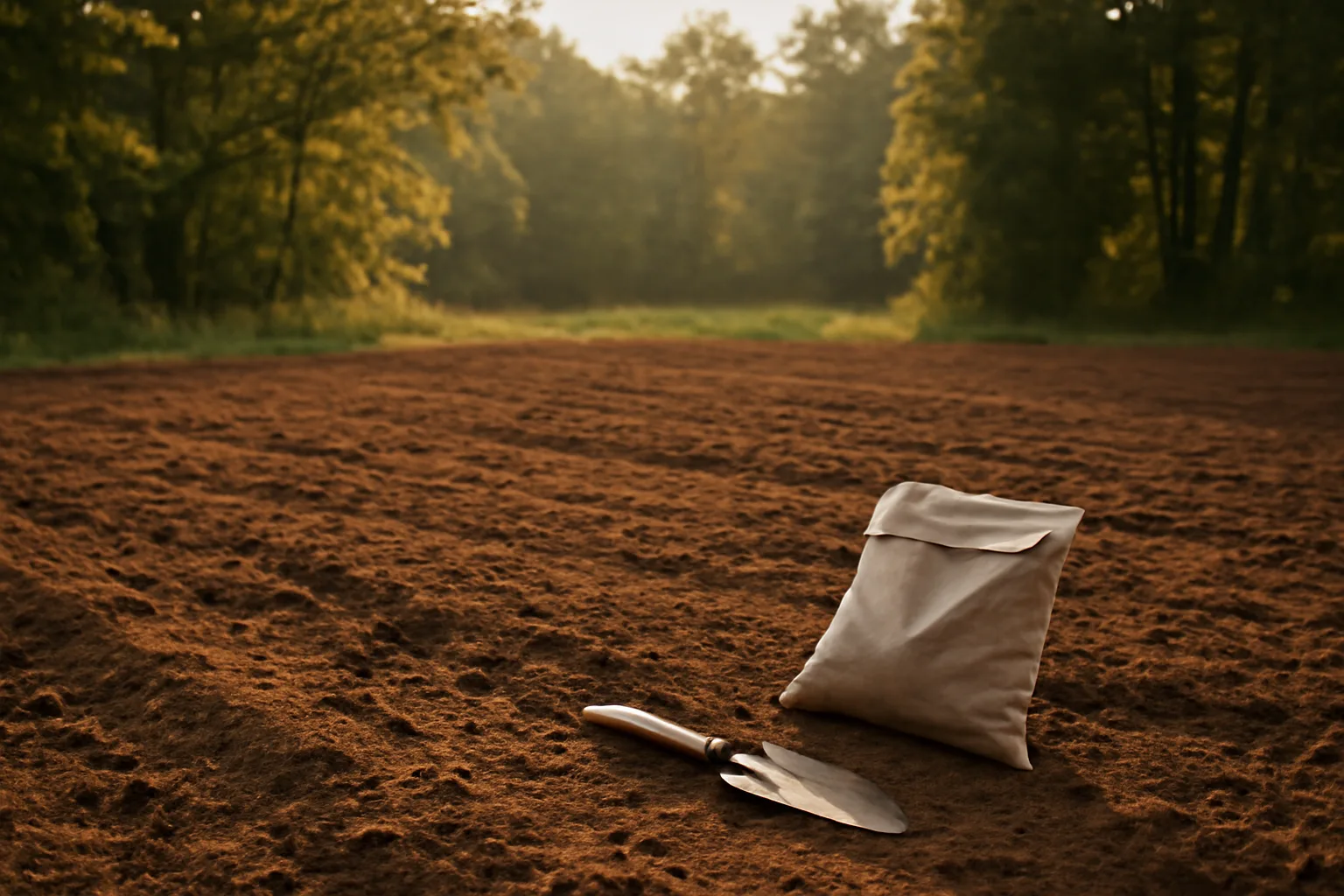 Freshly tilled food plot ground in a wooded clearing during August planting season