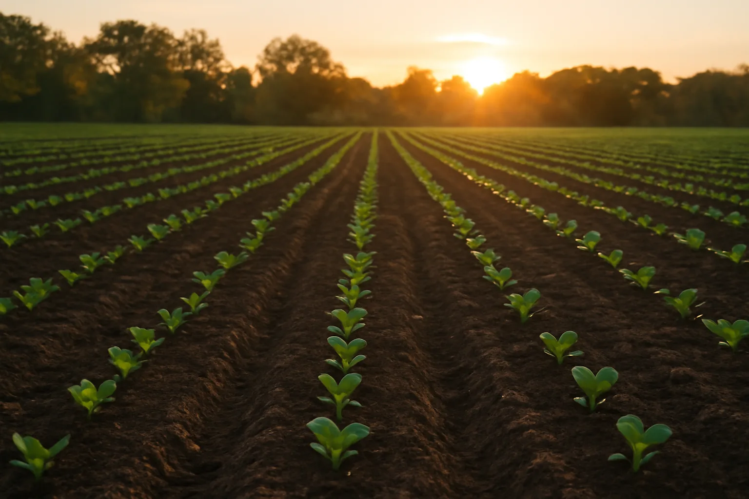 Fresh green seedlings emerging in a tilled fall food plot at sunset
