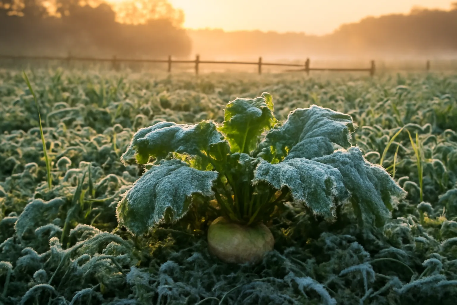 Frost-covered fall food plot of turnips and oats at sunrise near a wood line