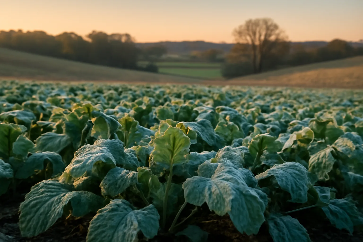 Frosted turnip food plot at sunrise on Missouri deer hunting land
