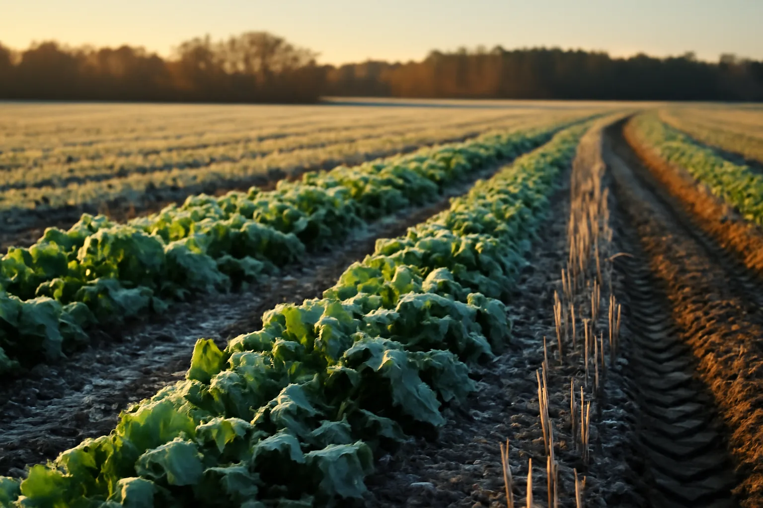 Frost-covered fall food plot field with turnip greens and cereal grain rows at dusk