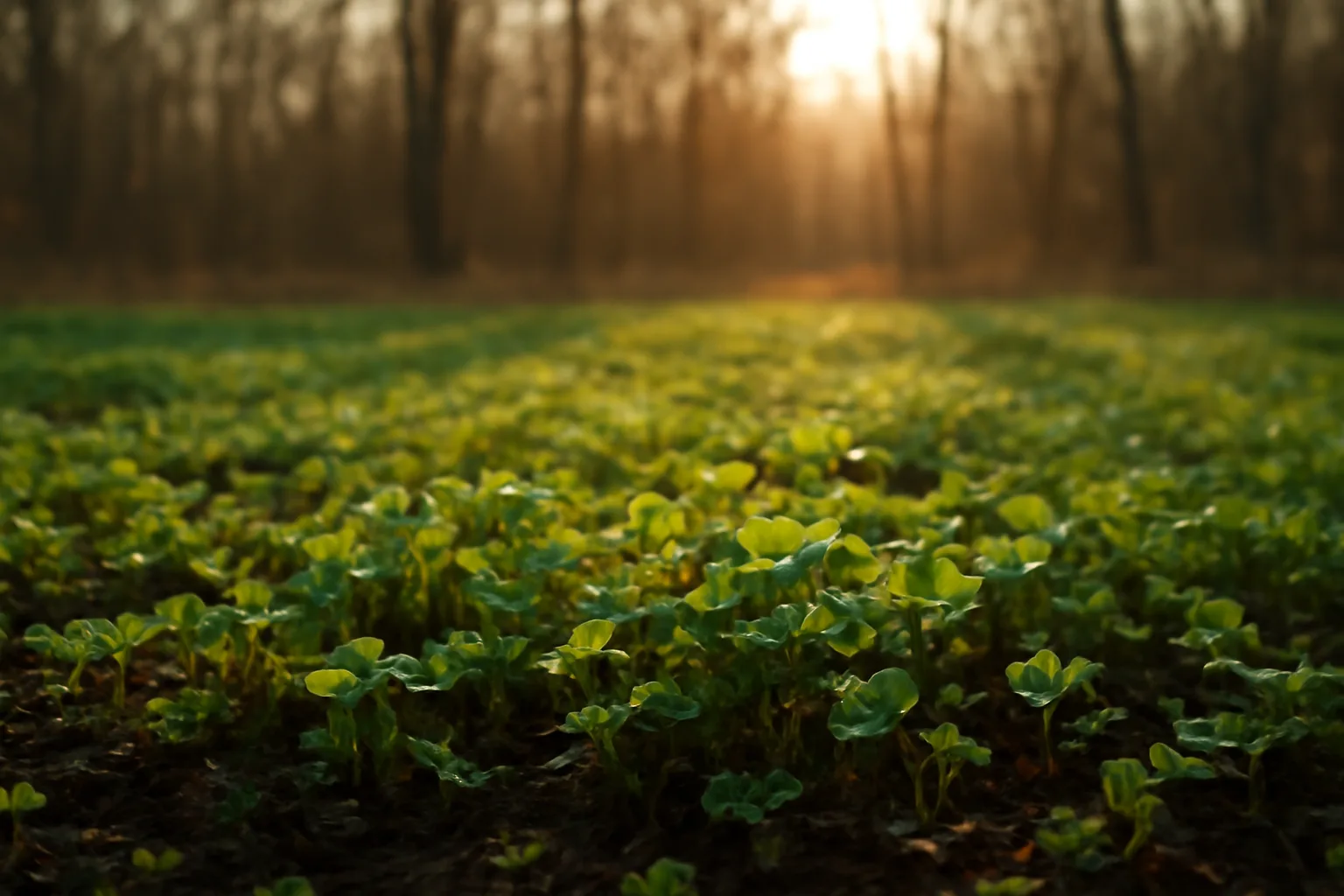 Early spring clover food plot clearing surrounded by bare hardwood trees at sunrise