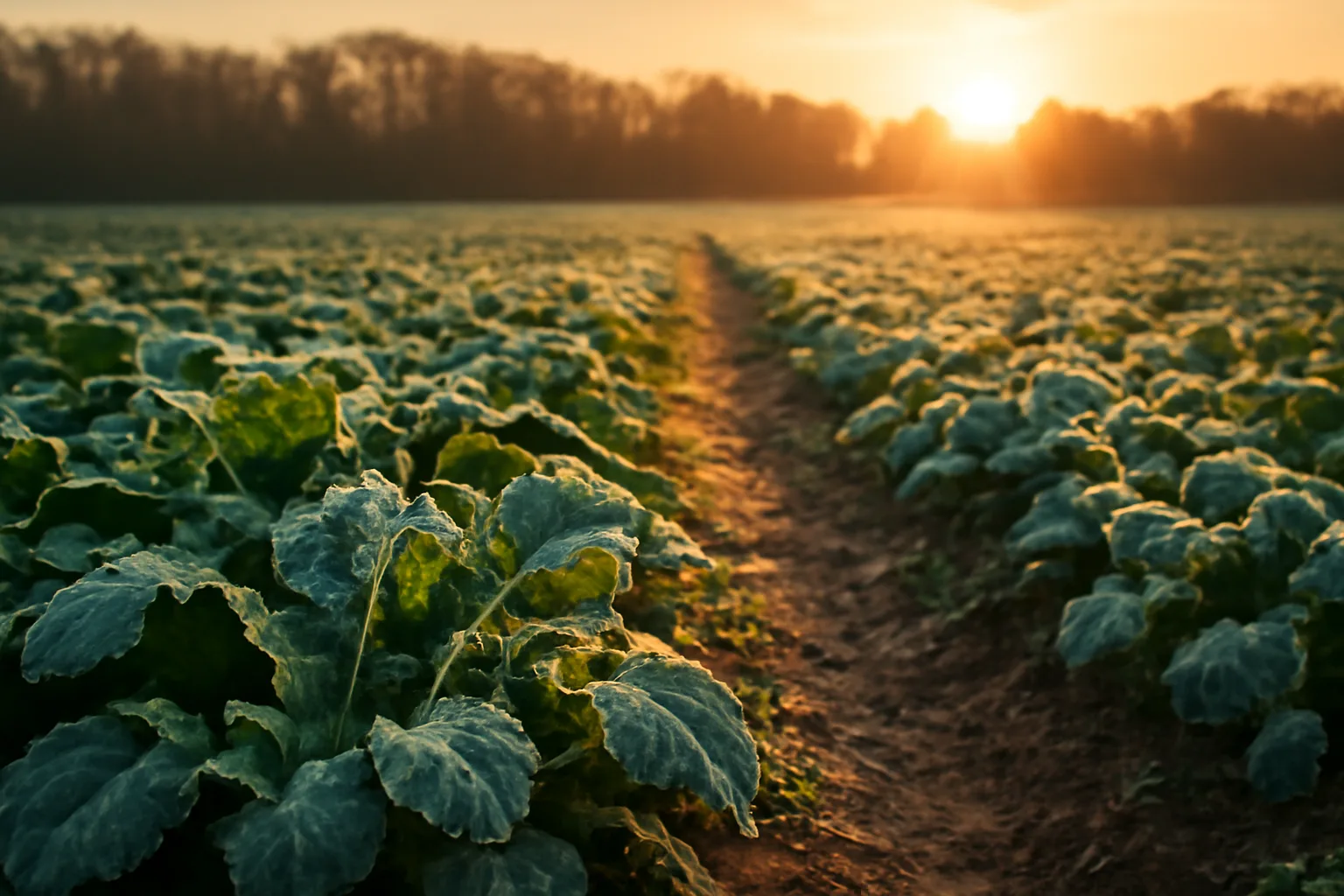 Frost-covered brassica food plot rows leading toward a wooded treeline in late fall