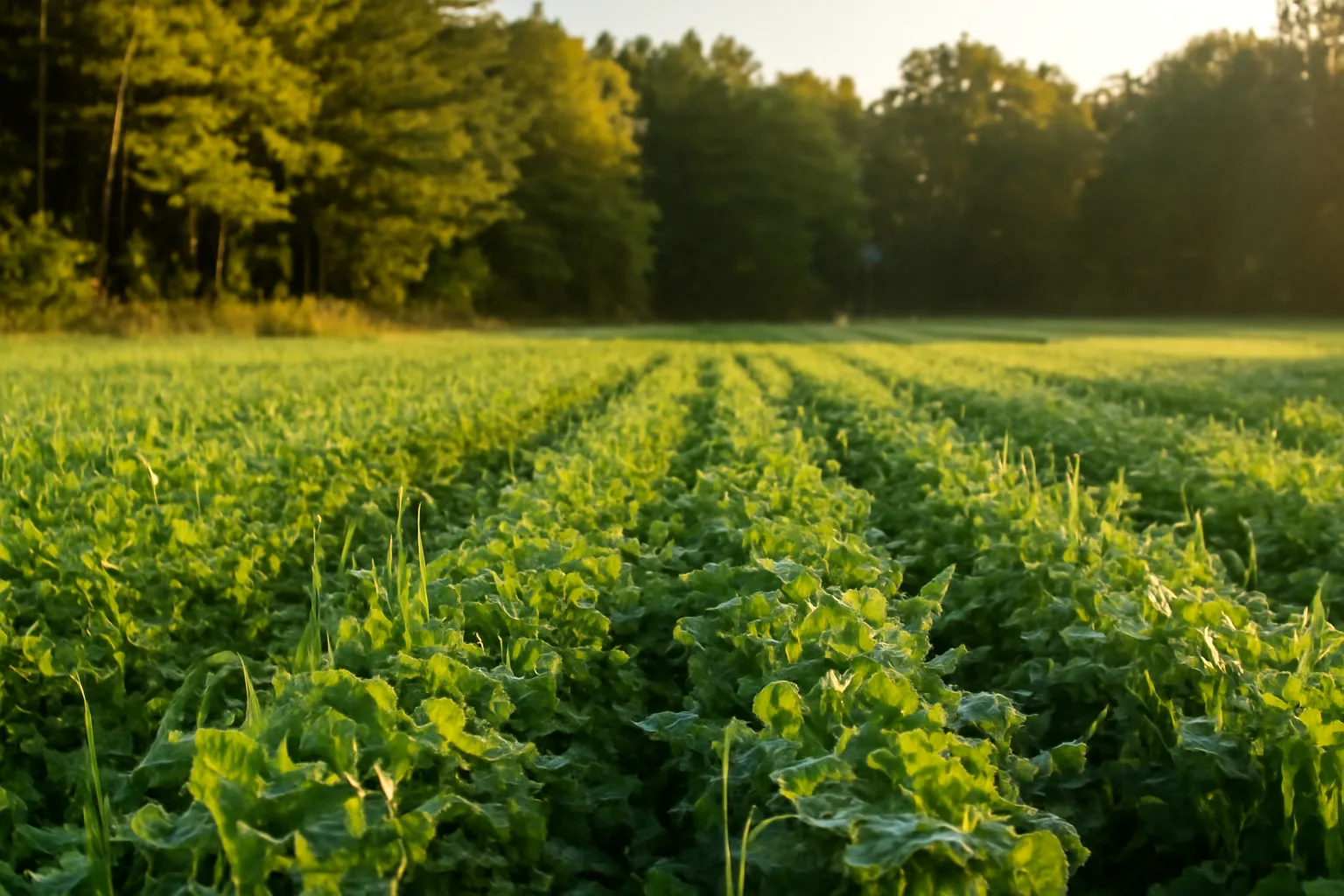 Green clover and oat food plot at sunrise bordered by Alabama pine woods