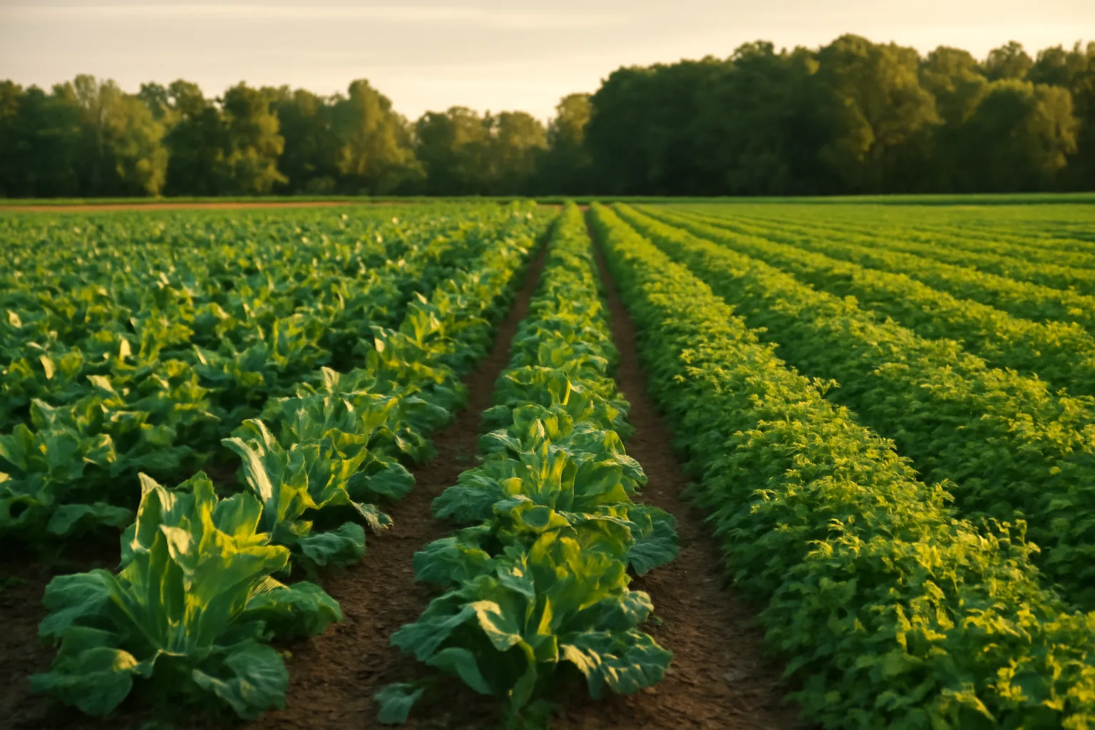Green food plot field bordered by autumn trees in rural Michigan farmland