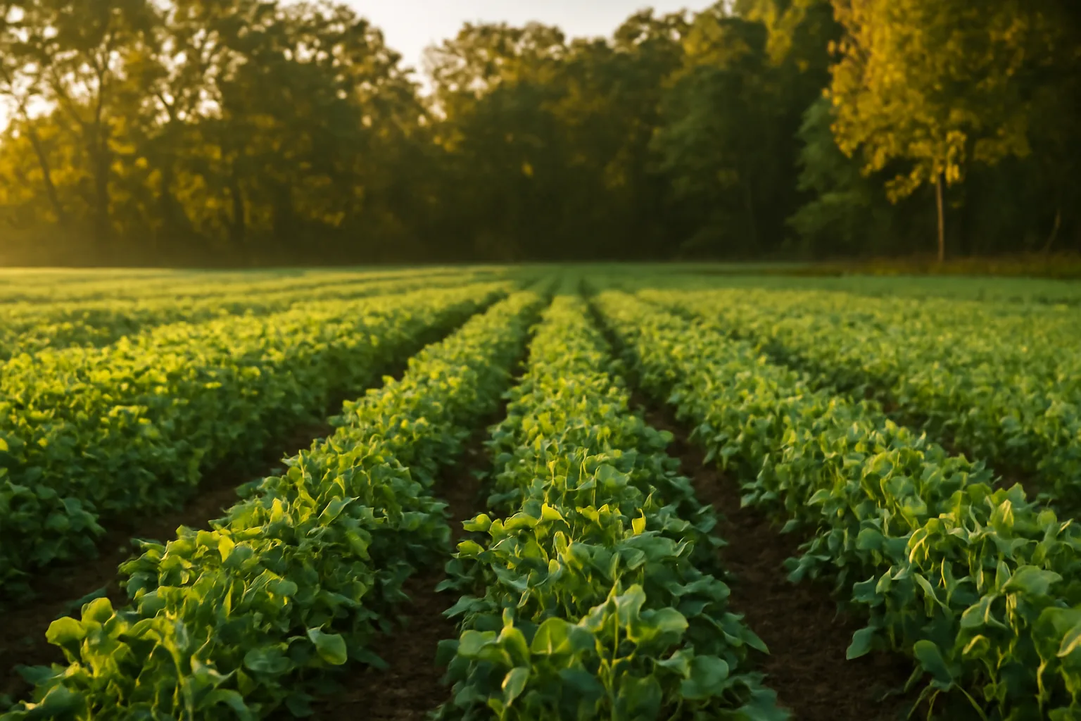 Green fall food plot bordered by hardwoods in Mississippi at sunrise
