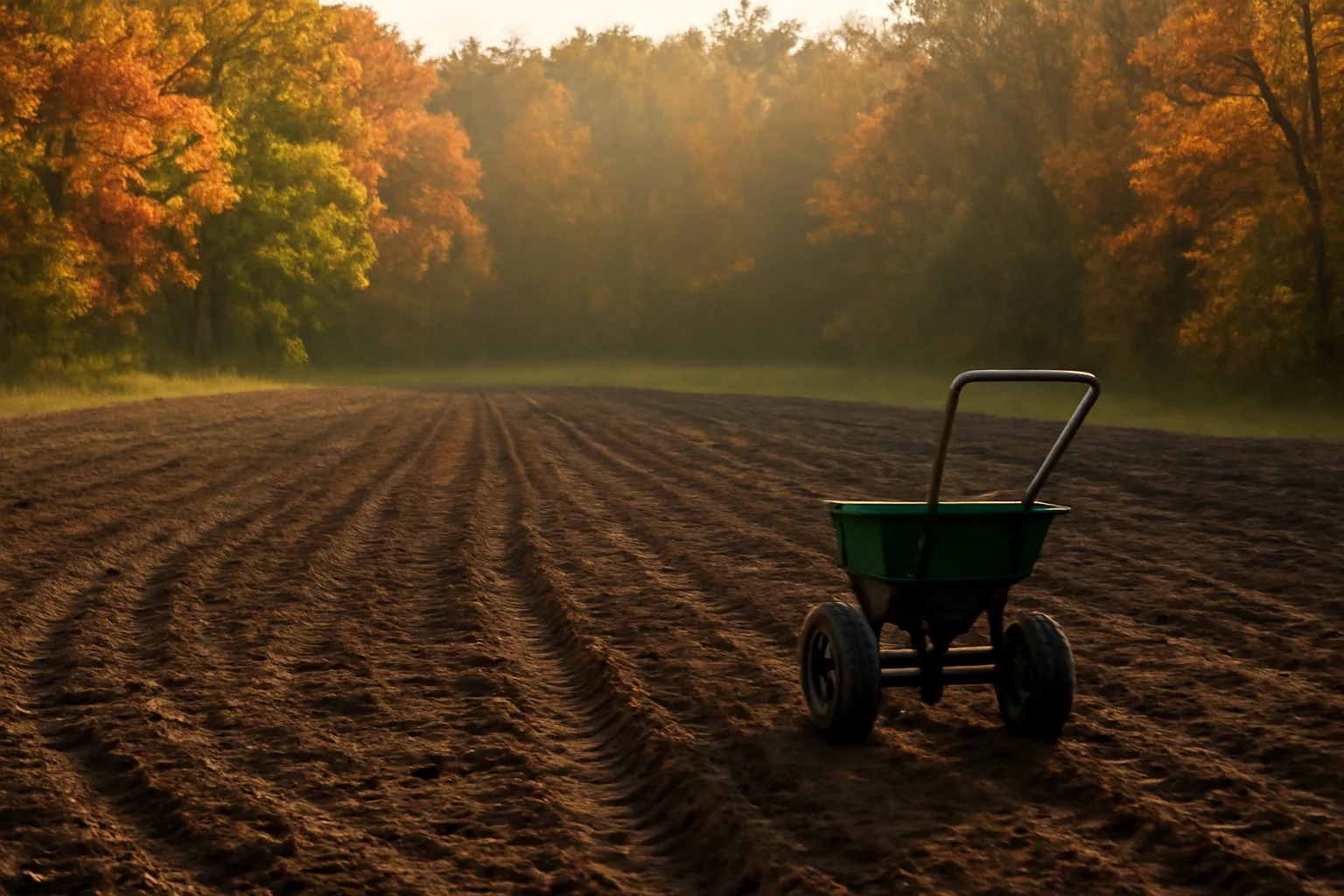 Freshly tilled September food plot bordered by early autumn hardwood trees
