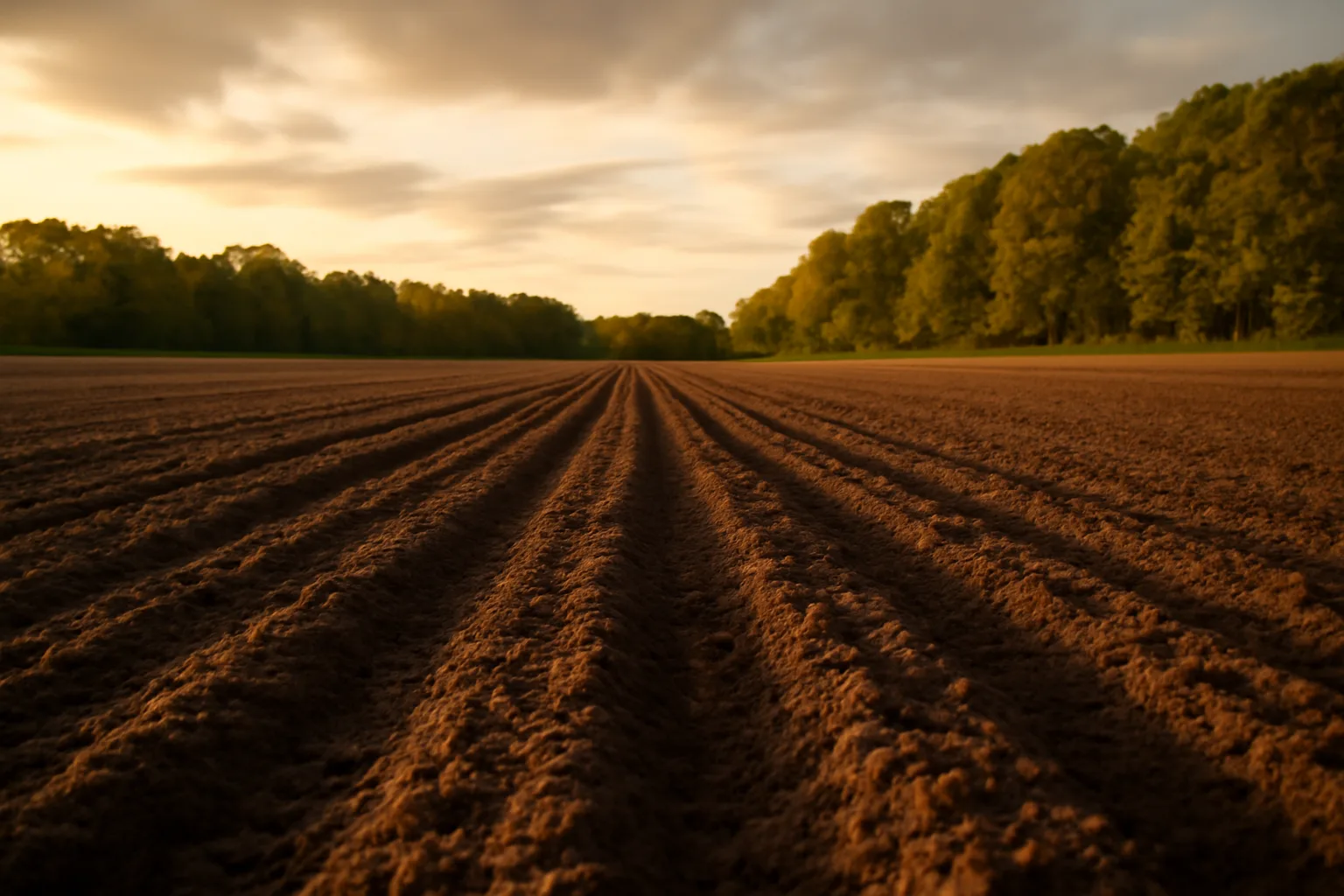 Freshly tilled food plot field at golden hour before fall planting