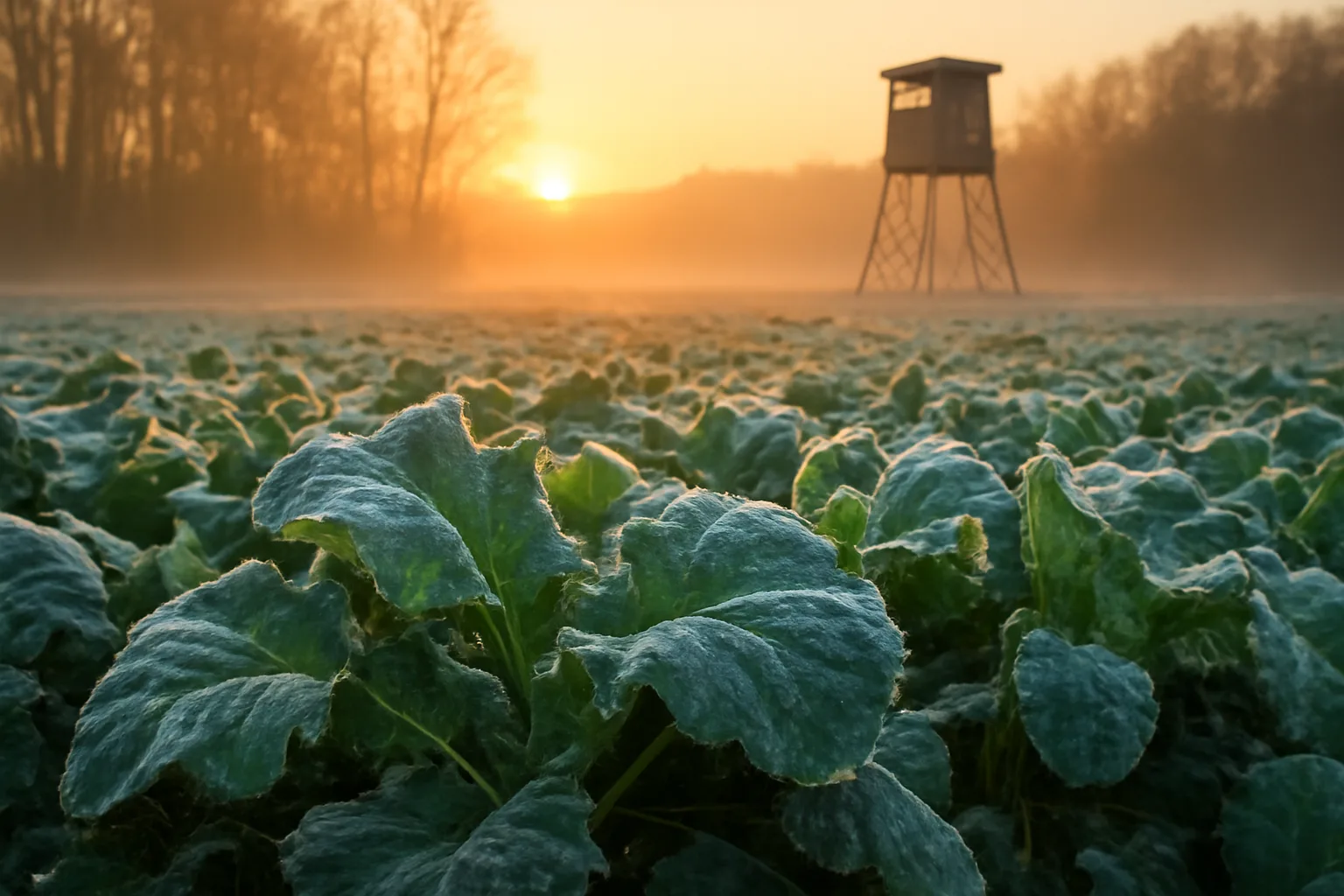Frost covering brassica food plot leaves at sunrise near a deer stand