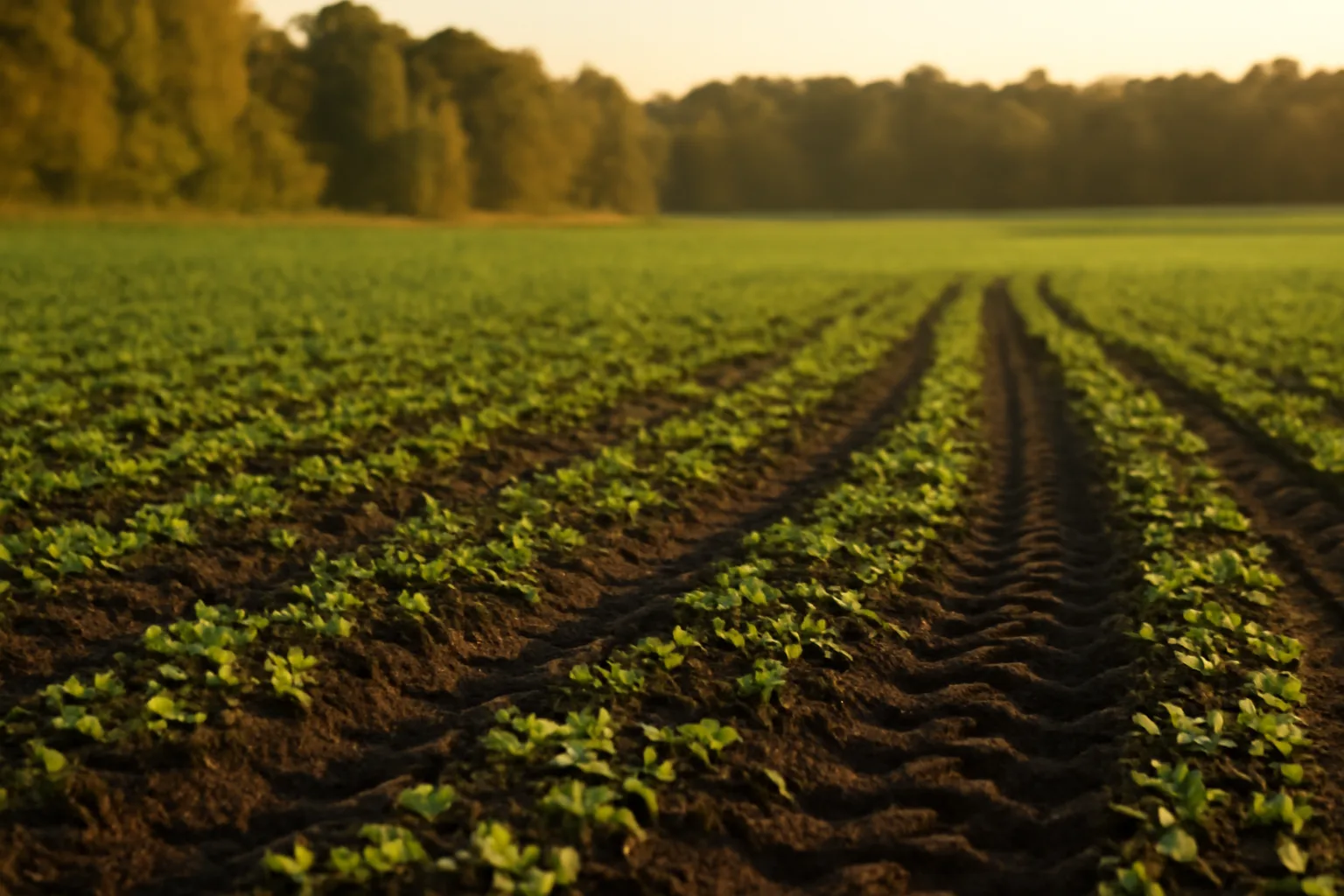 Freshly planted clover food plot in tilled soil at sunset in early fall