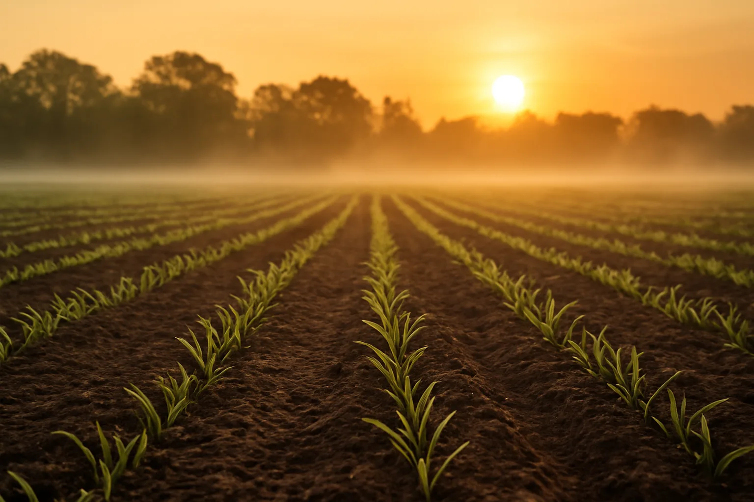 Freshly planted fall food plot rows at sunset with green seedlings emerging