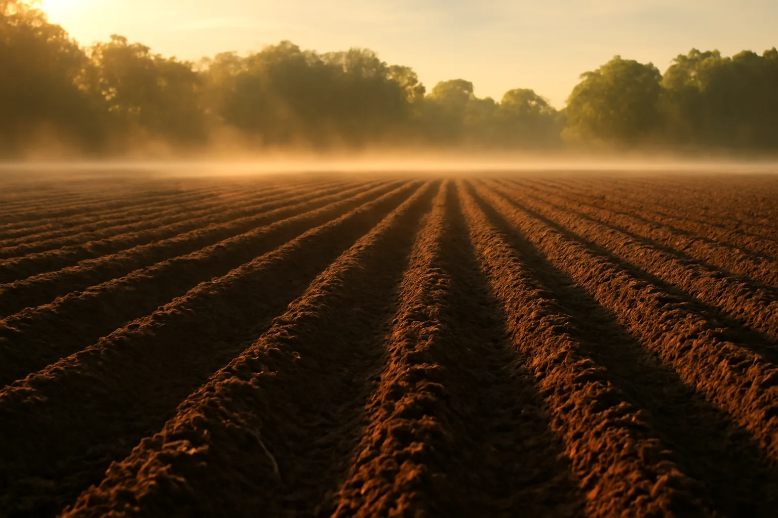 Freshly tilled fall food plot field at golden hour near a tree line