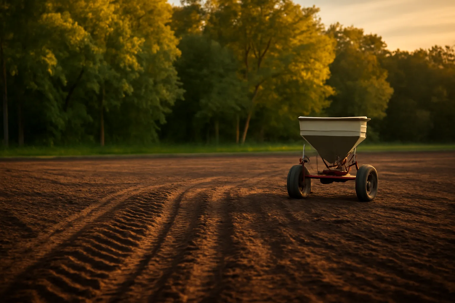 Freshly tilled food plot clearing at the edge of hardwood timber in late summer light