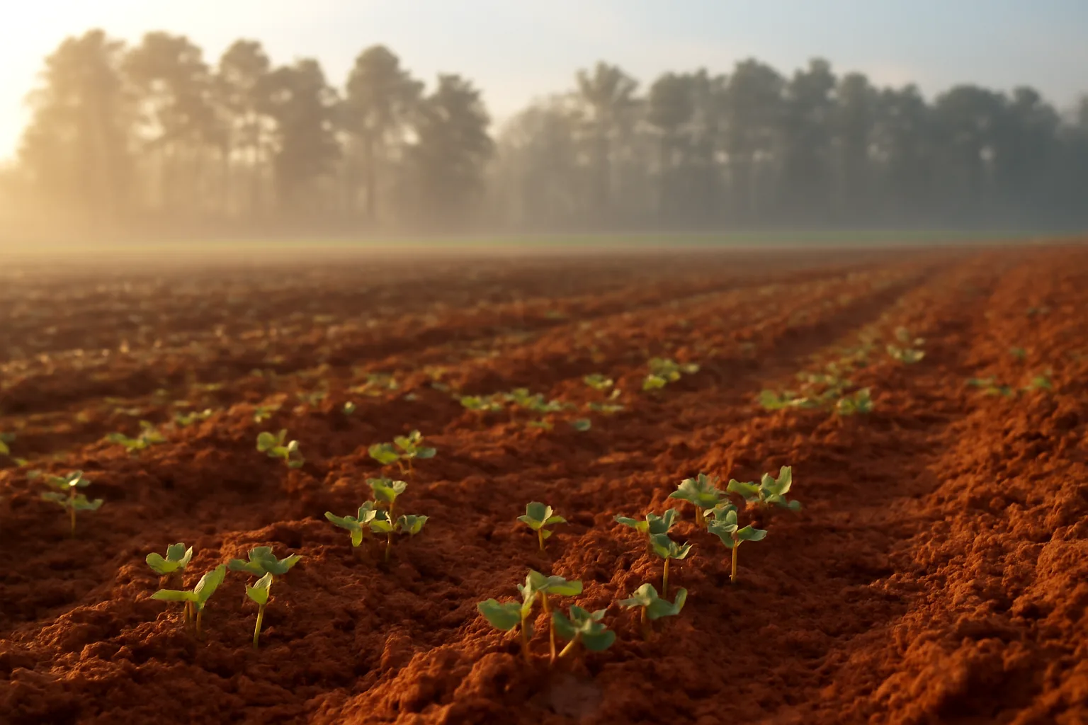 Foggy Georgia food plot field with young clover seedlings at sunrise