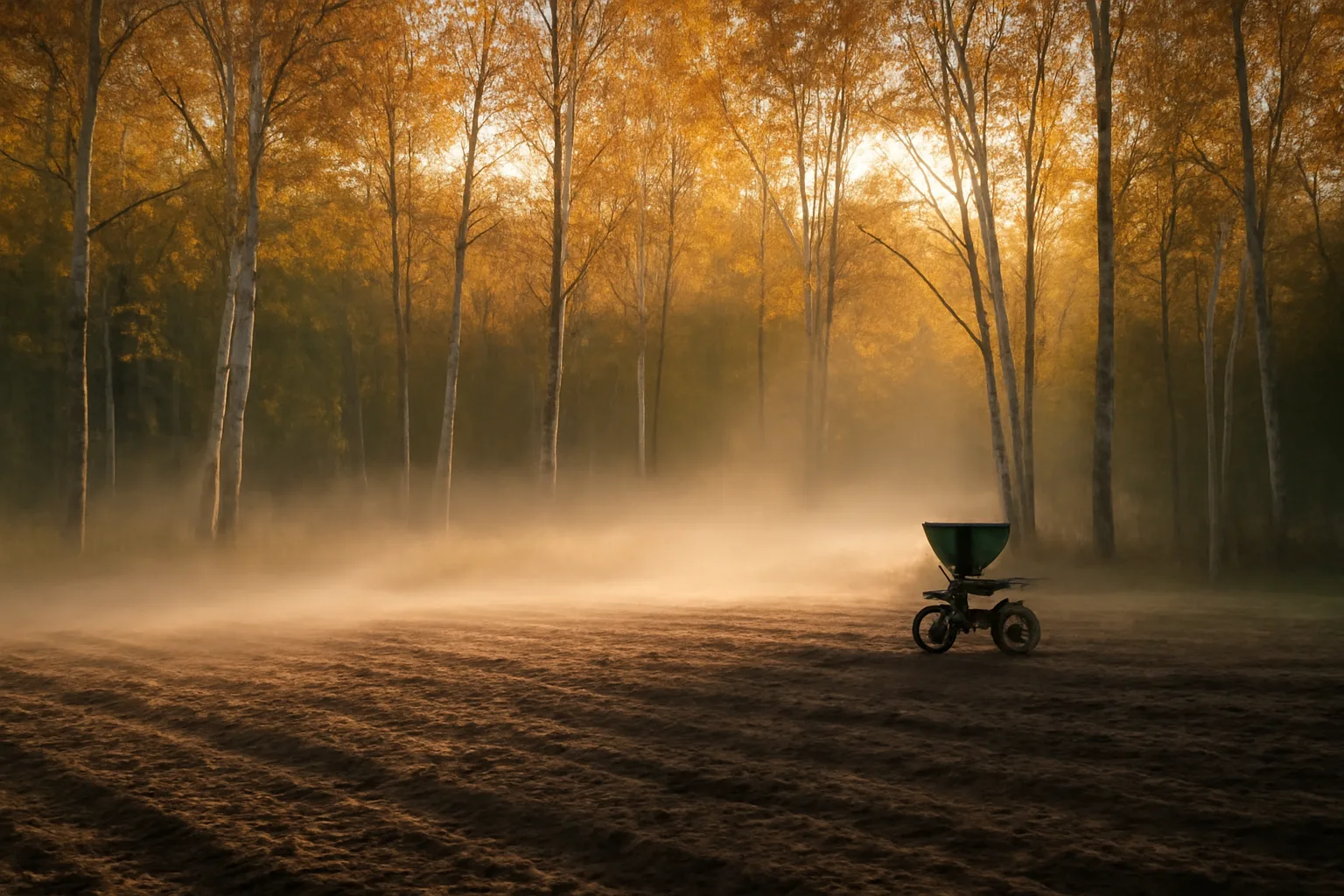 Freshly tilled food plot clearing in a Michigan forest at sunrise