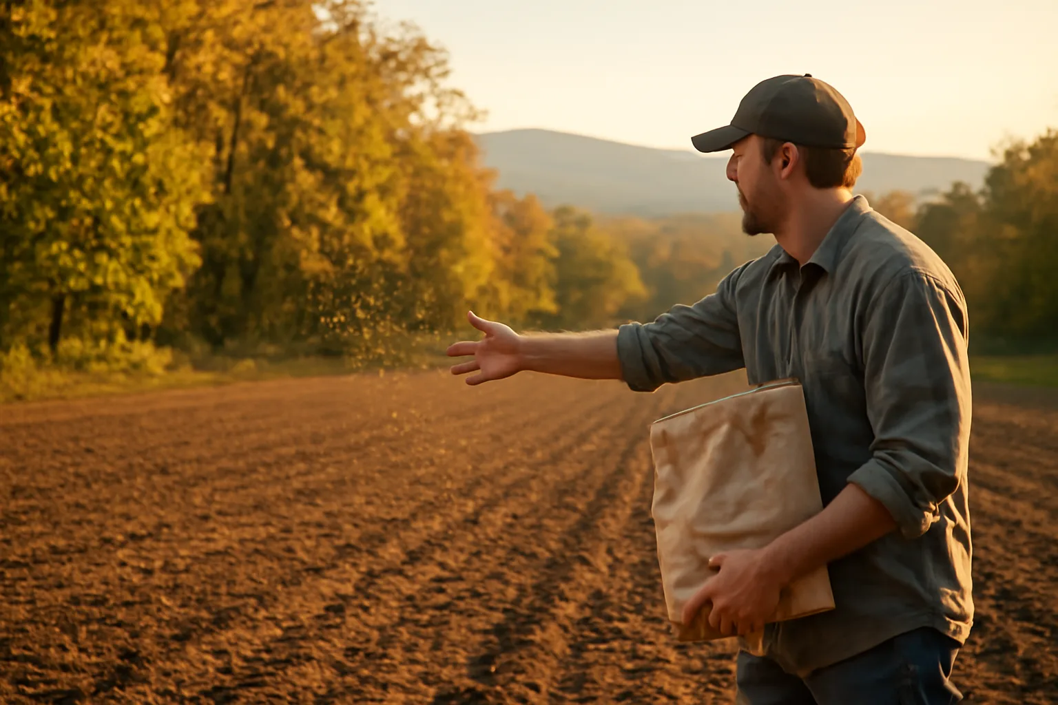 Farmer broadcasting seed by hand into freshly tilled soil at edge of Pennsylvania woods