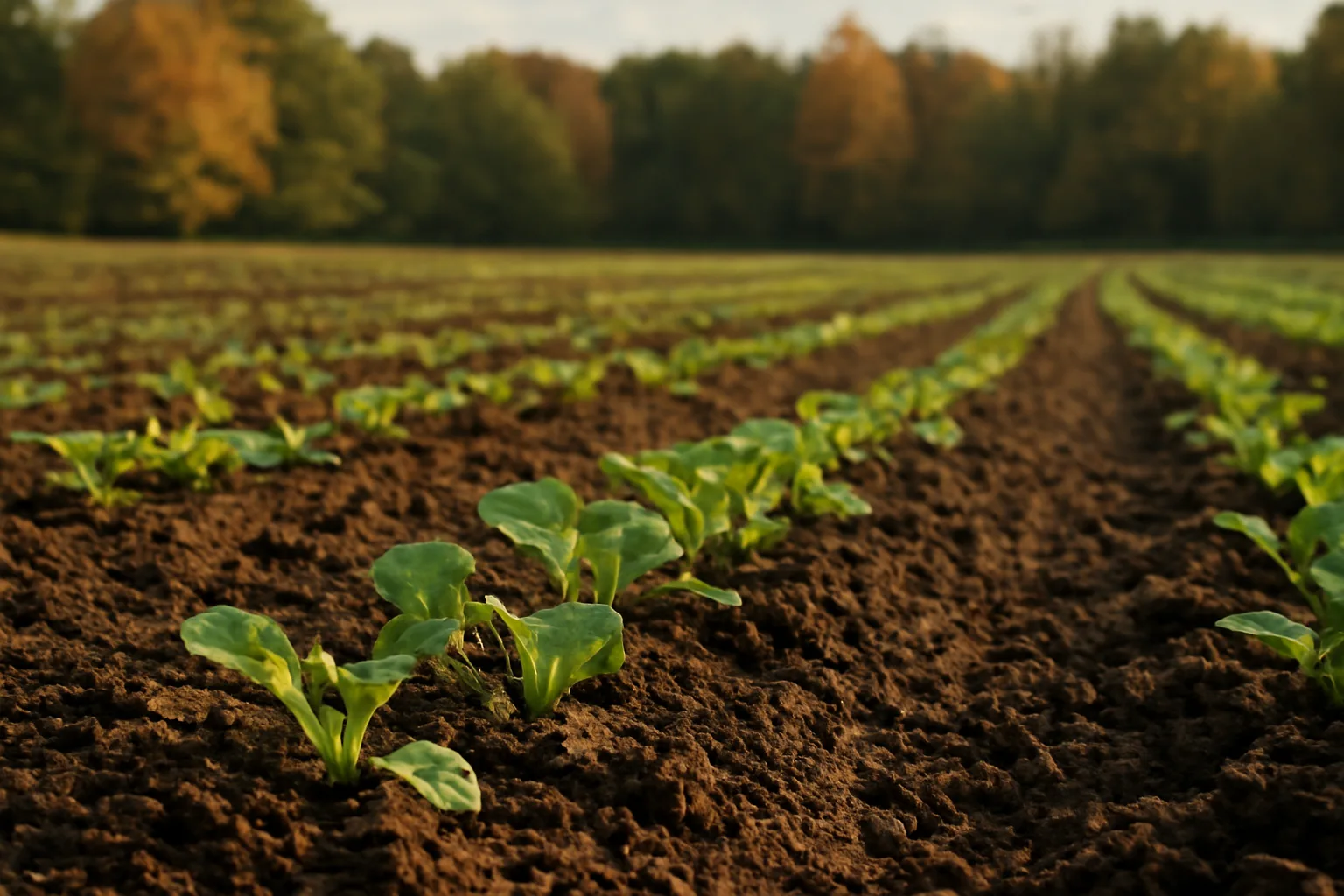 Rows of young turnip greens emerging in a fall food plot at sunset
