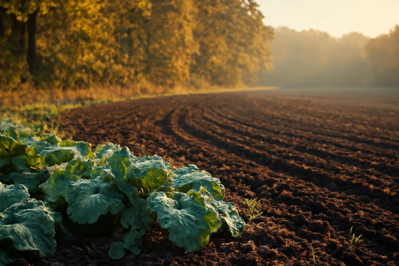 Freshly planted winter food plot field with frost on brassica leaves at dusk