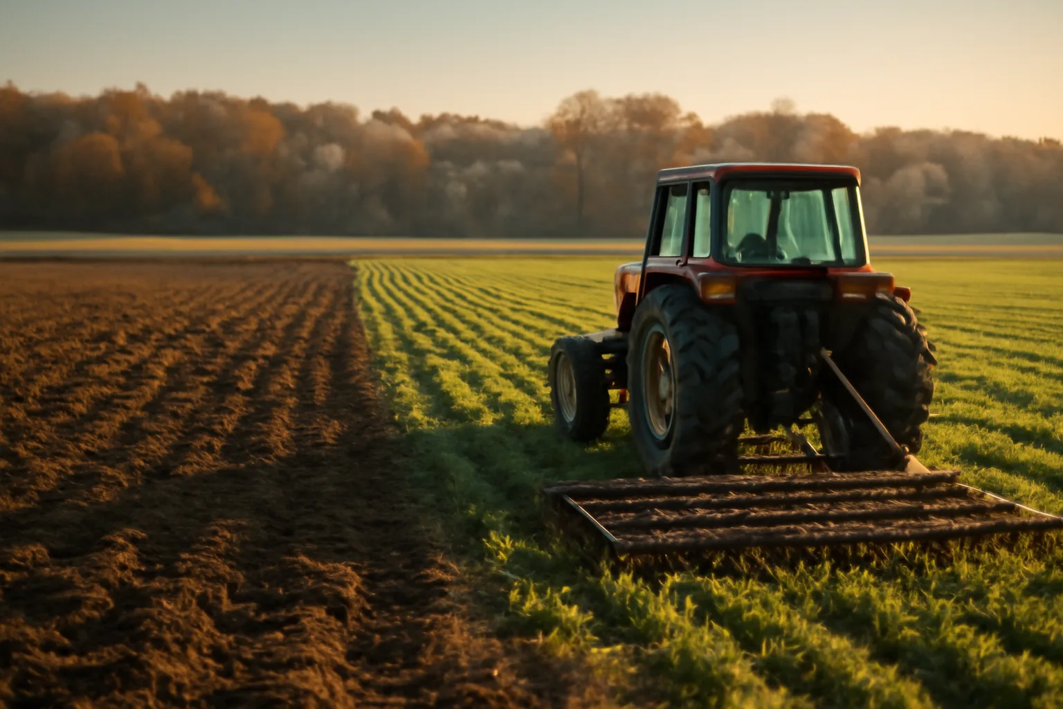 Tractor and drag harrow beside a partially planted deer food plot in October